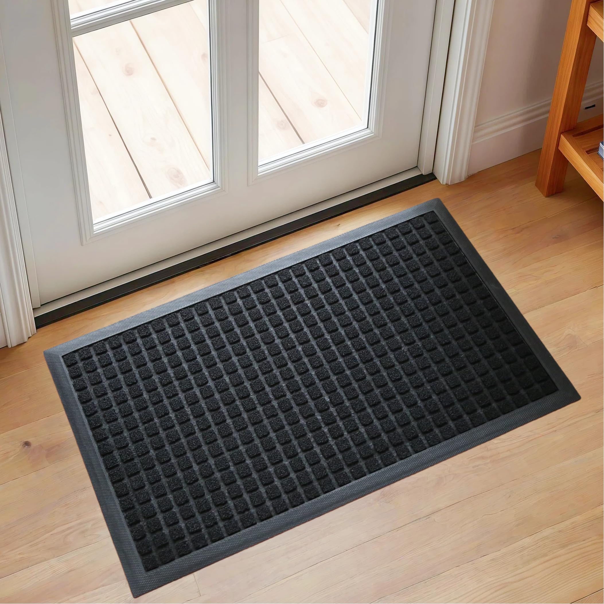 Waterproof Door Mat for Front Door Entrance, Non Slip Indoor Outdoor Rug, Heavy Duty Floor Mat for Entryway, Kitchen, Porch or Garage, Washable Black Doormat for Home Decor(Black, 17.7x29.5Inch)