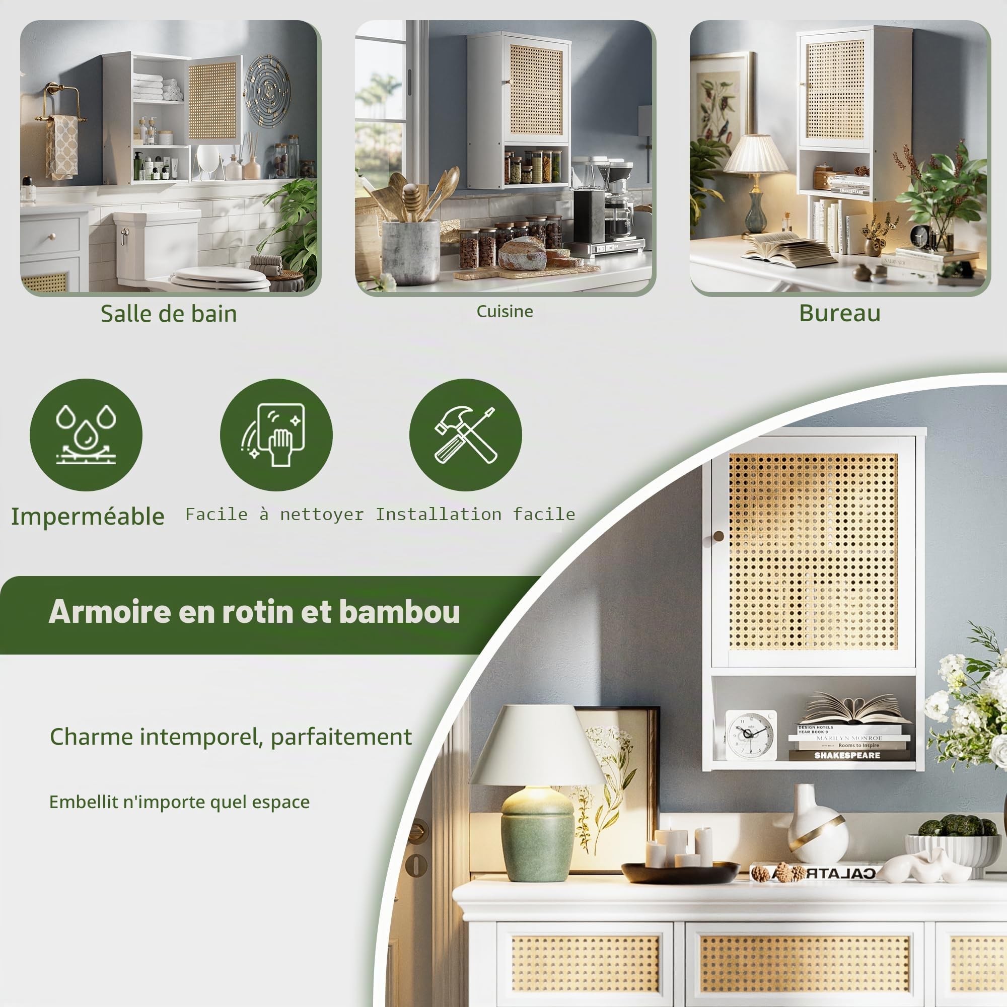 Armoire Murale de Salle de Bain en Bambou avec Portes en rotin et étagère réglable, Armoire à Pharmacie économiseur d'espace pour Linge, Cuisine, Salon (Blanc)
