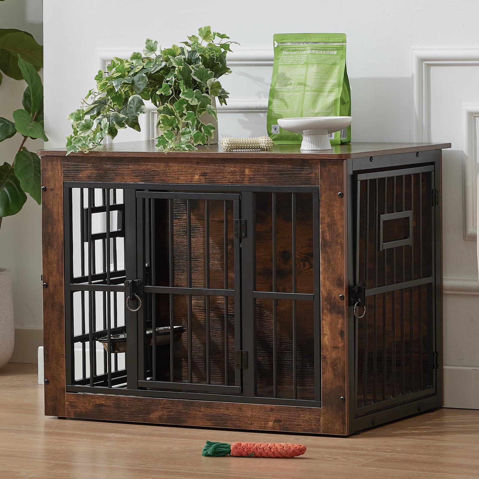 Gardner Pet 83cm Jaula para Perros, Jaula Perro Grande Mueble, con 3 Aberturas Superiores para Alimentación en Jaula para Perros de Madera, 3 Puertas, 83x58x65cm,Marrón
