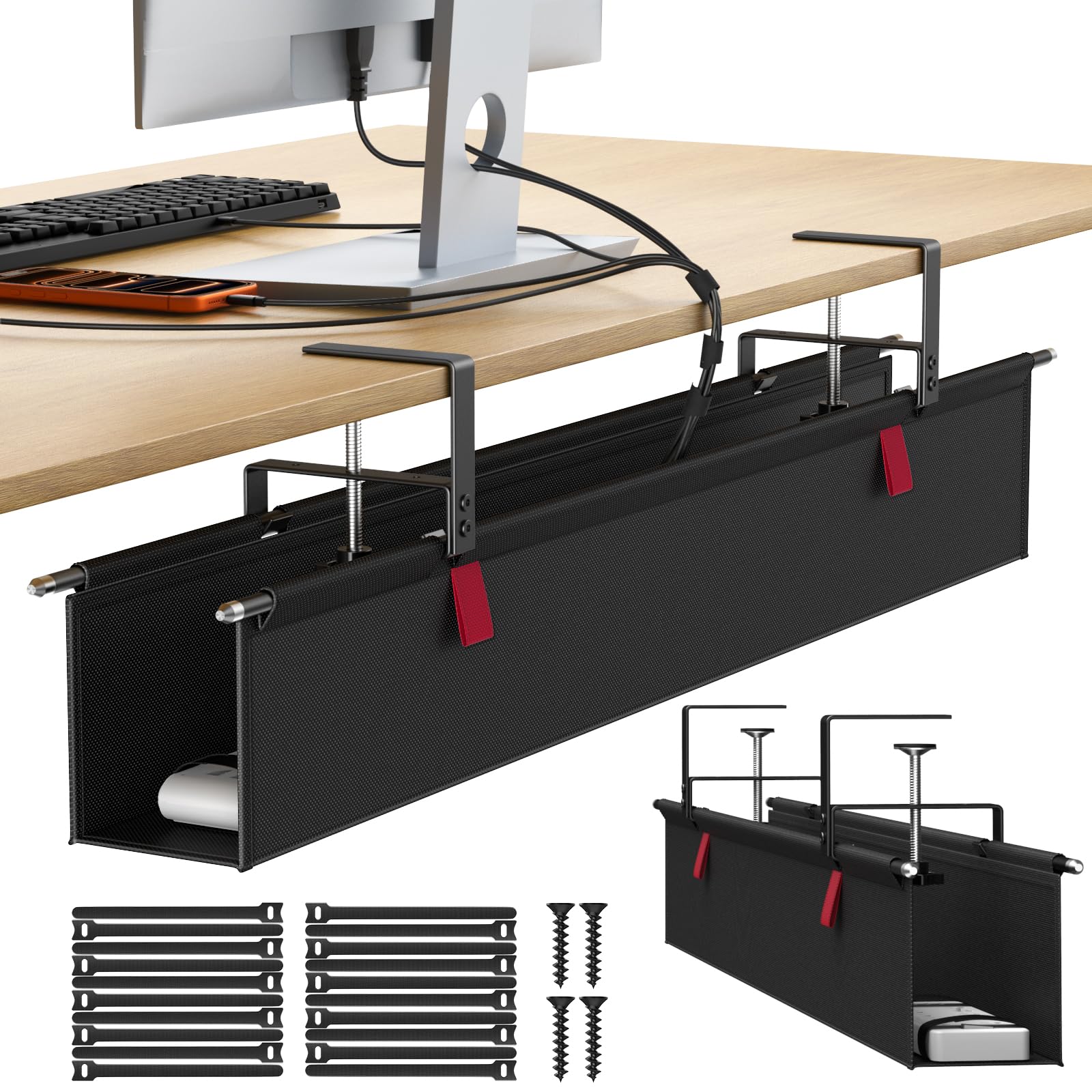 Housolution Plateau de Gestion de Câbles sous Bureau 36", Organisateur de Câbles en Tissu Premium, Plateau de Rangement sans Percage, Fixation par Serre-joint/Vis, pour Bureau et Maison, Noir