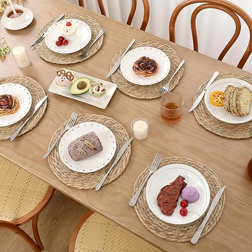 Miniatura 3 de SHACOS 4 manteles individuales redondos tejidos de 12 pulgadas, manteles individuales trenzados de ratán natural para mesa de comedor, cargadores de