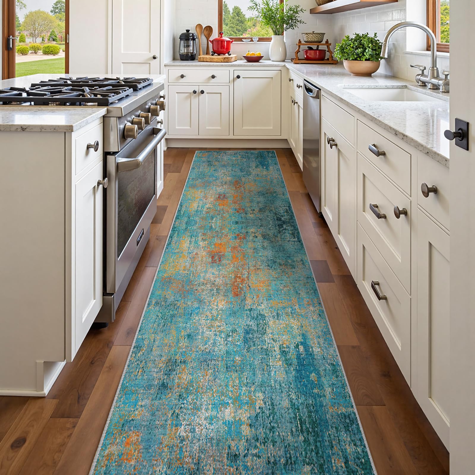RELEANY Washable Area Rugs 2'x8' Non-Slip Modern Abstract Soft for Living Room Entryway Bedroom Nursery, Print Pattern, Teal Blue Green Orange Rust