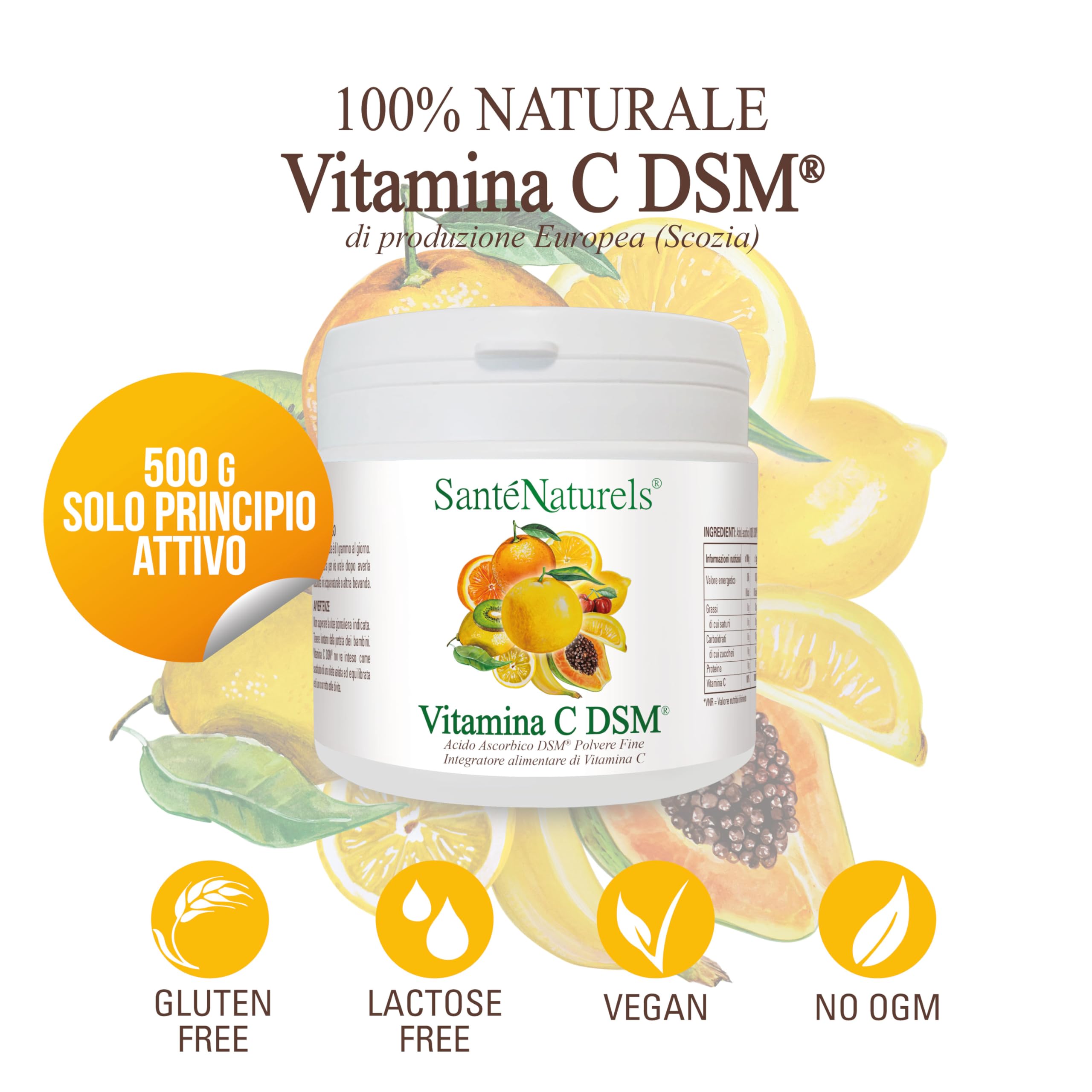 Acido Ascorbico Puro DSM 500g ● Vitamina C in Polvere Pura Fine e Idrosolubile ● Integratore Alimentare Naturale ● No Ogm, No Lattosio, No Glutine ● Produzione Europea