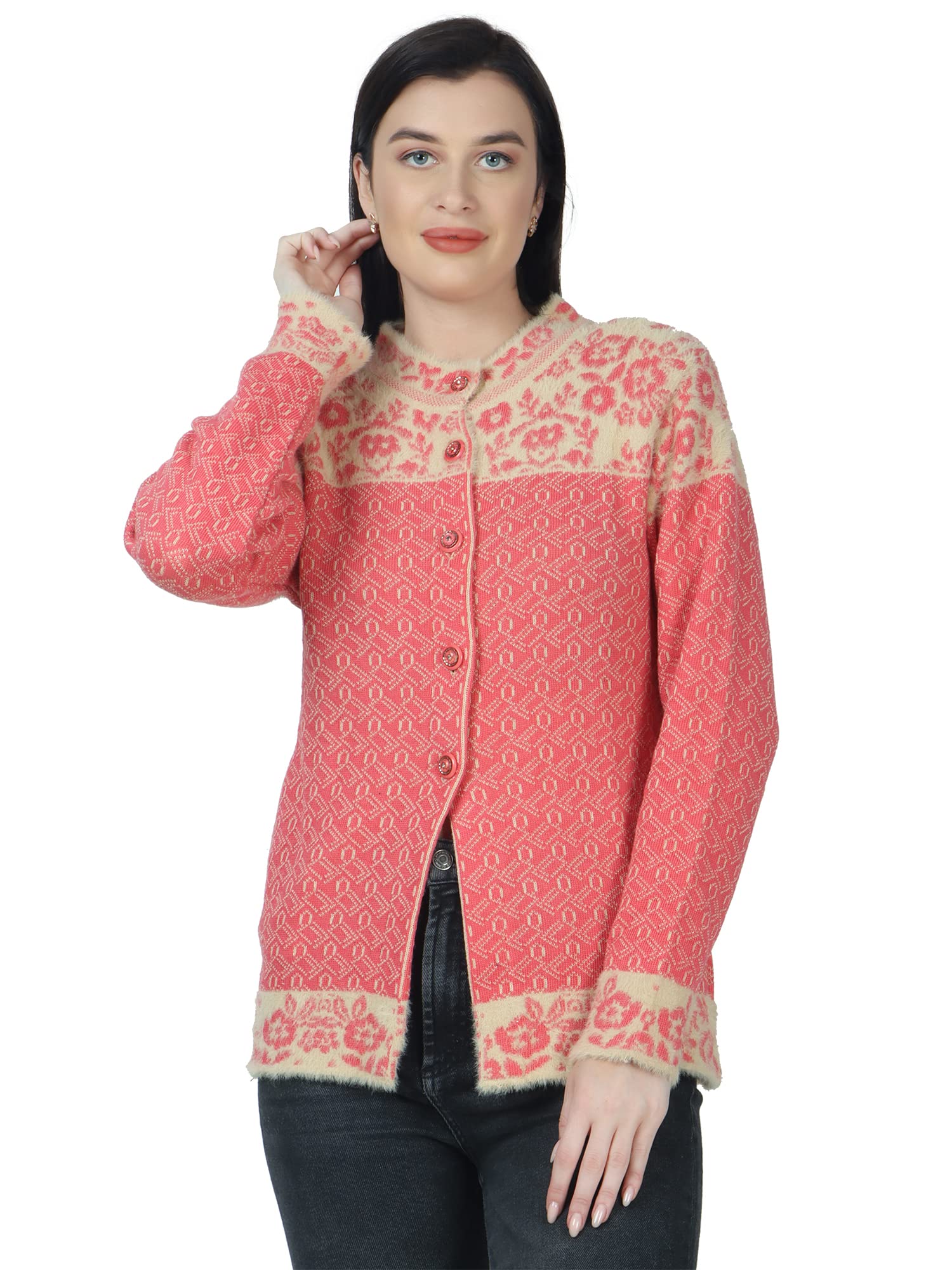 chatanya Premium Women's Buttoned Pure Woollen Winterwear Self-Designed Cardigan/Round Neck Sweaters (100% Acrylic Wool) (Large, Carrot Shade)-picture-31