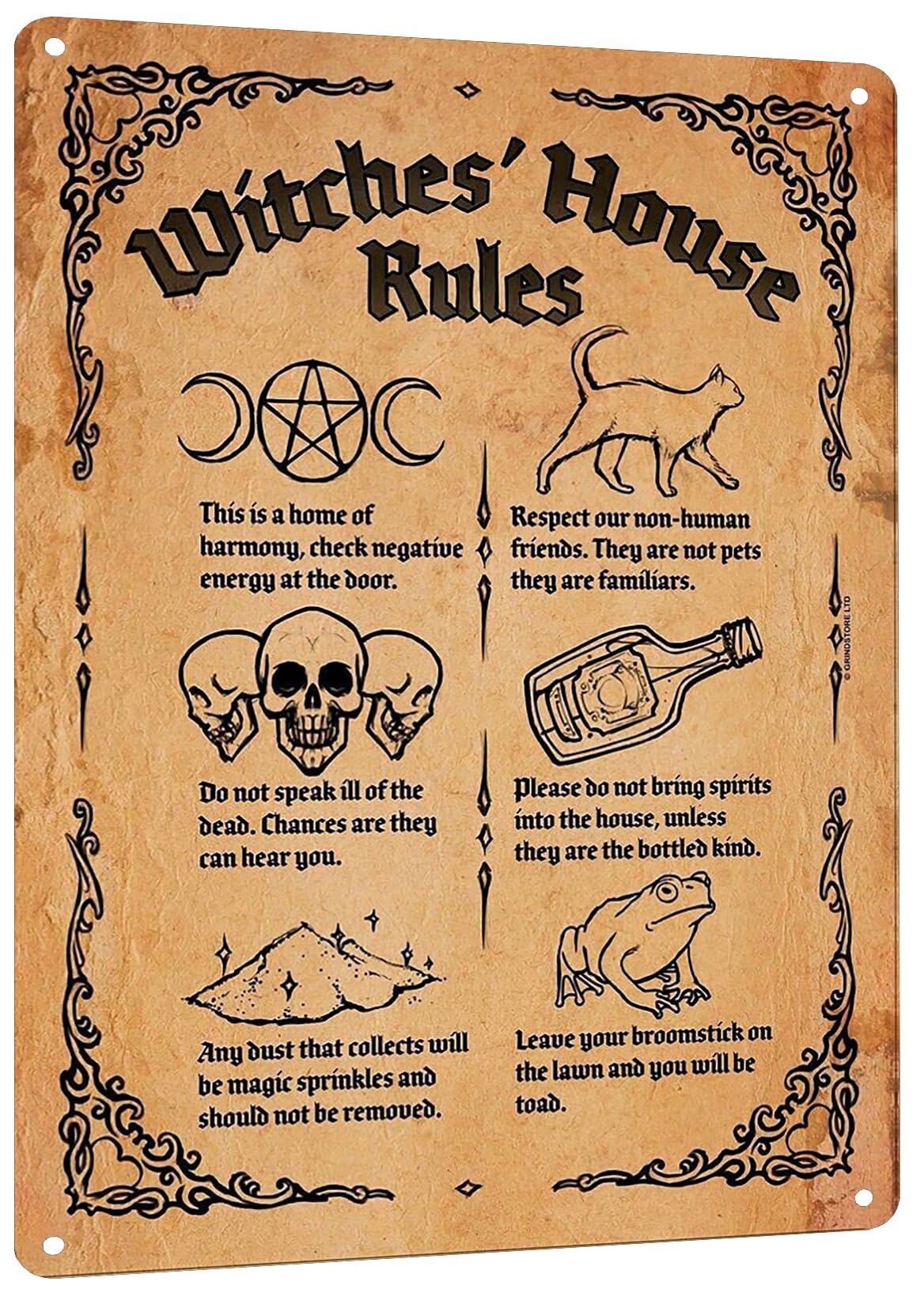 HYBLOM Witch's House Rules Metal Tin Sign - Vintage Wall Art Poster for Kitchen, Bathroom, Door Decor - Gothic Witchy Home & Halloween Decoration - Gift for Witchcraft Enthusiasts, 8x12 Inches