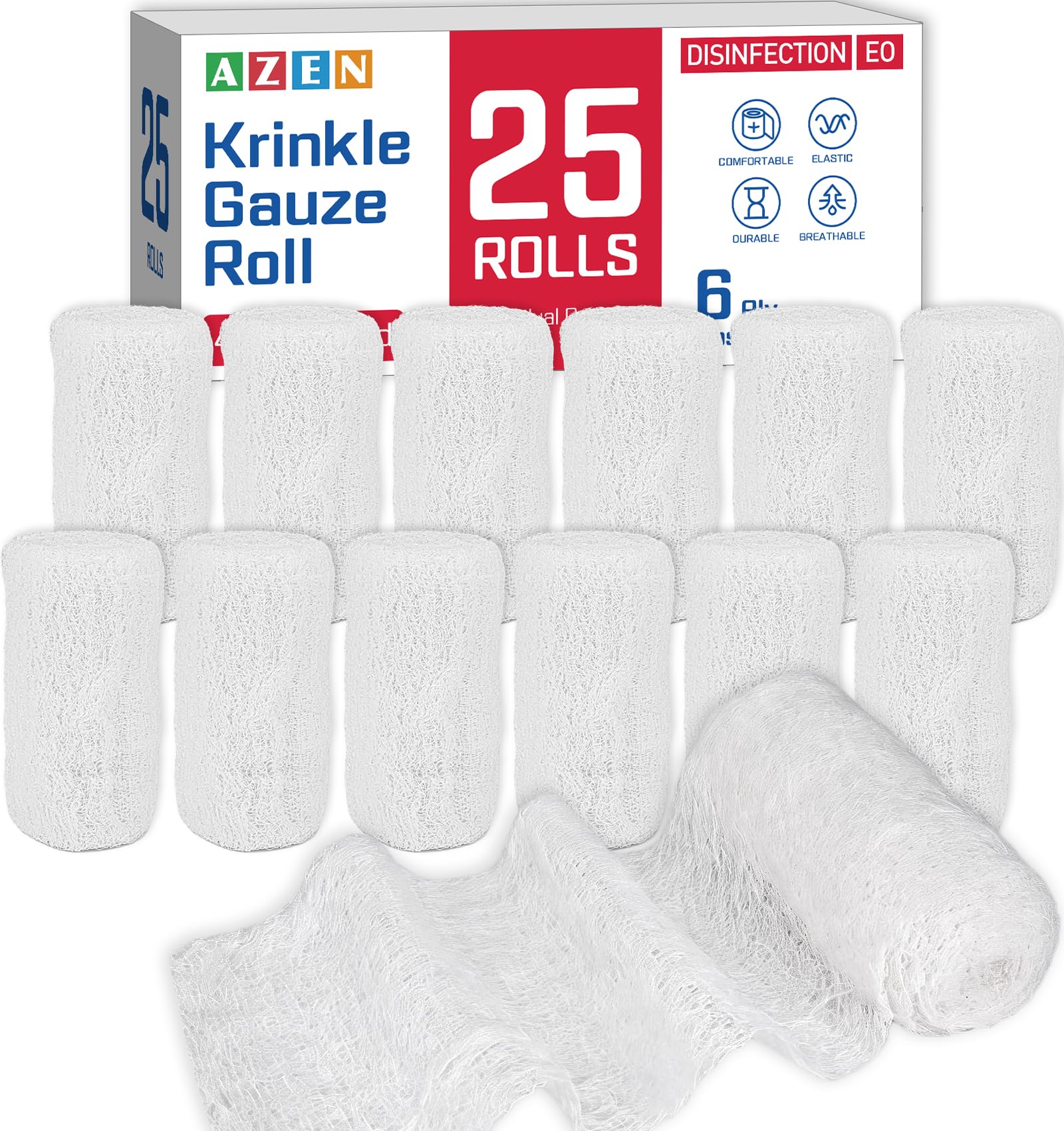 AZEN 8 Pack Krinkle Gauze Rolls, 4 in x 3.2 Yards, 6-Ply 100% Cotton Bandage Wrap, Latex-Free Individually Wrapped, Highly Absorbent Wound Dressing for First Aid — Amazon image 7