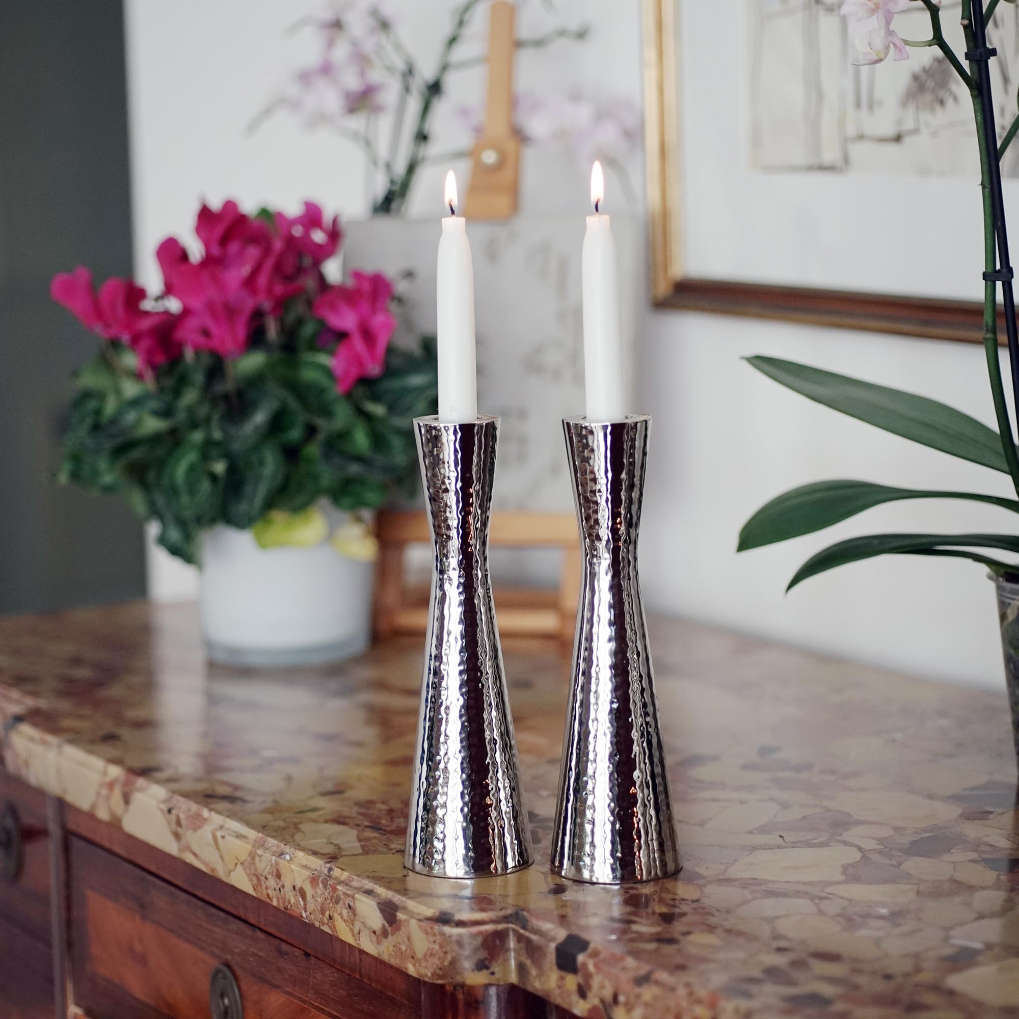 Yair Emanuel Hammered Pillar Candle Holders - Solid Aluminum Shabbat Candlesticks, Tapered Minimal Design
