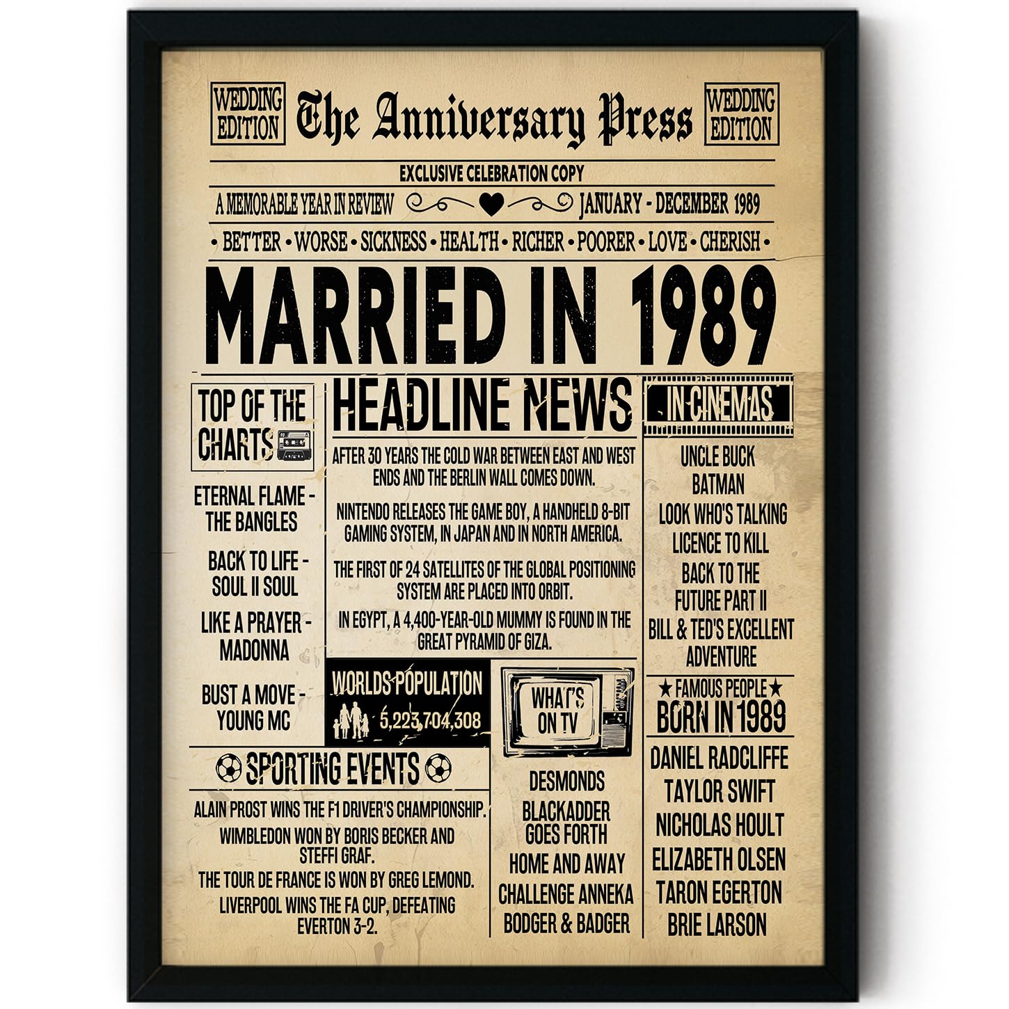 Stuff4 Men's 1989 37Th Anniversary Poster Framed - Married In Newspaper - 37 Wedding Anniversary For Wo Retro Vintage Gifts Back In 8X10 Inch Anniversaries Posters