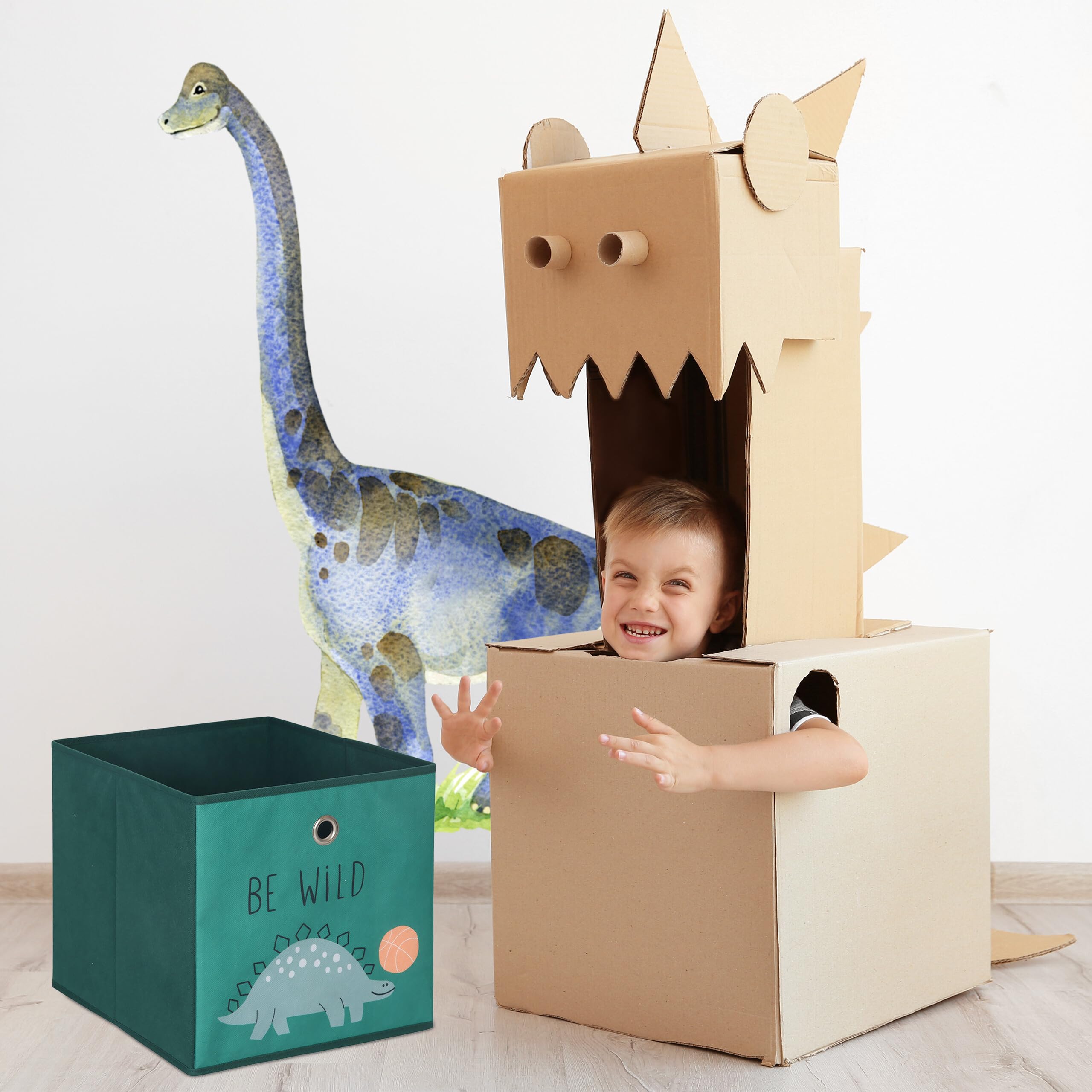Relaxdays Set 3 Scatole per Bambini, Motivo Dinosauri, Pieghevoli per scaffali a cubo, HLP 30x30x30 cm, Tessuto colorato