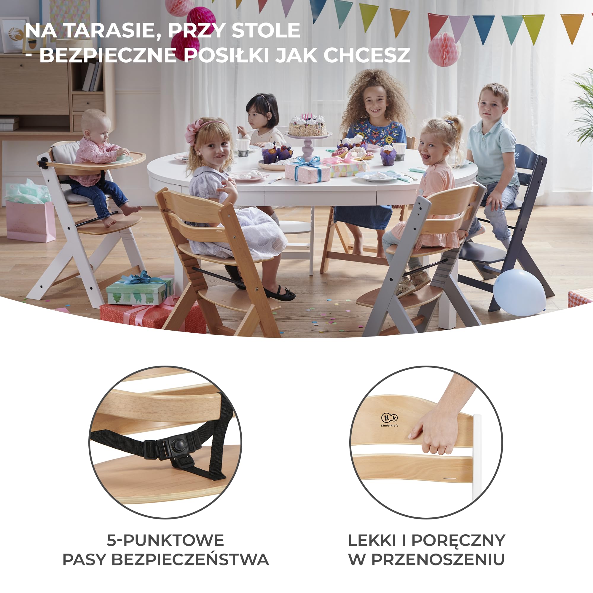 Kinderkraft Krzesełko do karmienia ENOCK 3w1, Drewniane krzesło dla starszaka, Regulowana wysokość siedziska, Zdejmowana tacka, Regulacja podnóżka, Ergonomiczne oparcie, Pasy bezpieczeństwa, Szary