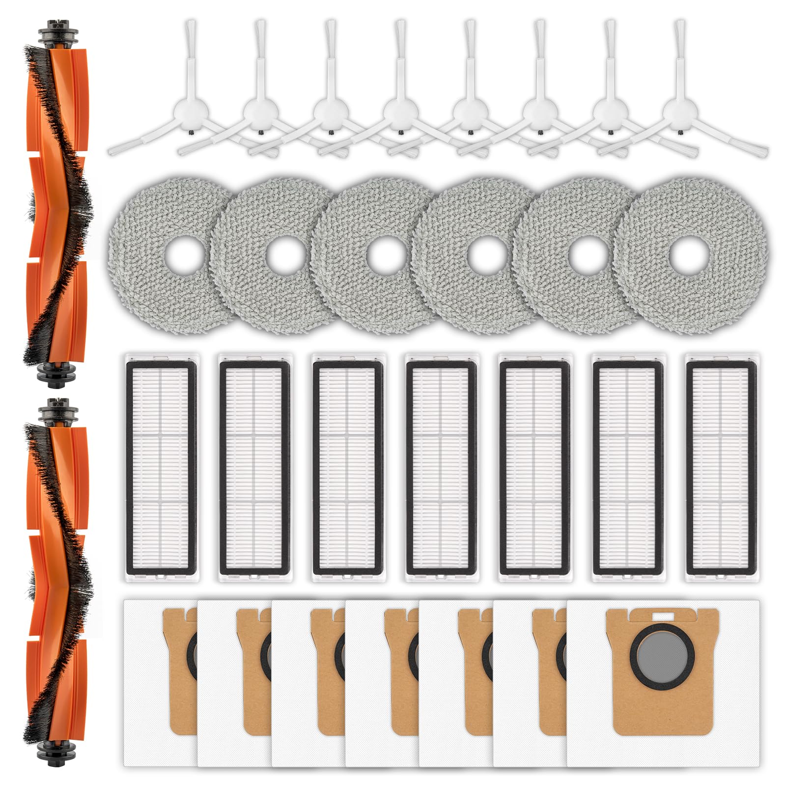 (30 Pack) X20+ Replacement Parts for Xiaomi X20+/ X20 Plus/ 1S/ S20 plus/ S20+/ X10+/ X20 pro Robotic Vacuum, 2 Roller Brushes, 8 Side Brushes, 7 Dust Bags, 7 HEPA Filters, 6 Mop Pads, Accessories Kit