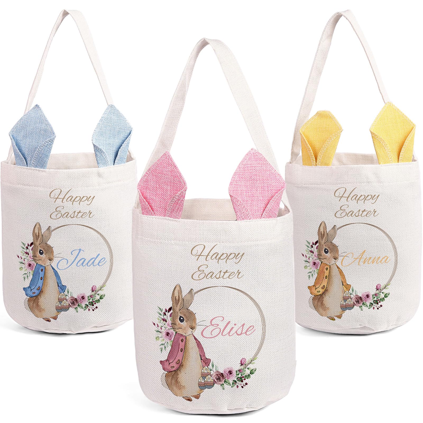 Personalized Easter Basket for Boys Girls with Custom Name, Cute Bunny Easter Baskets for Kids, Eggs Hunt Bucket Easter Gift Baskets Tote Bags Gifts