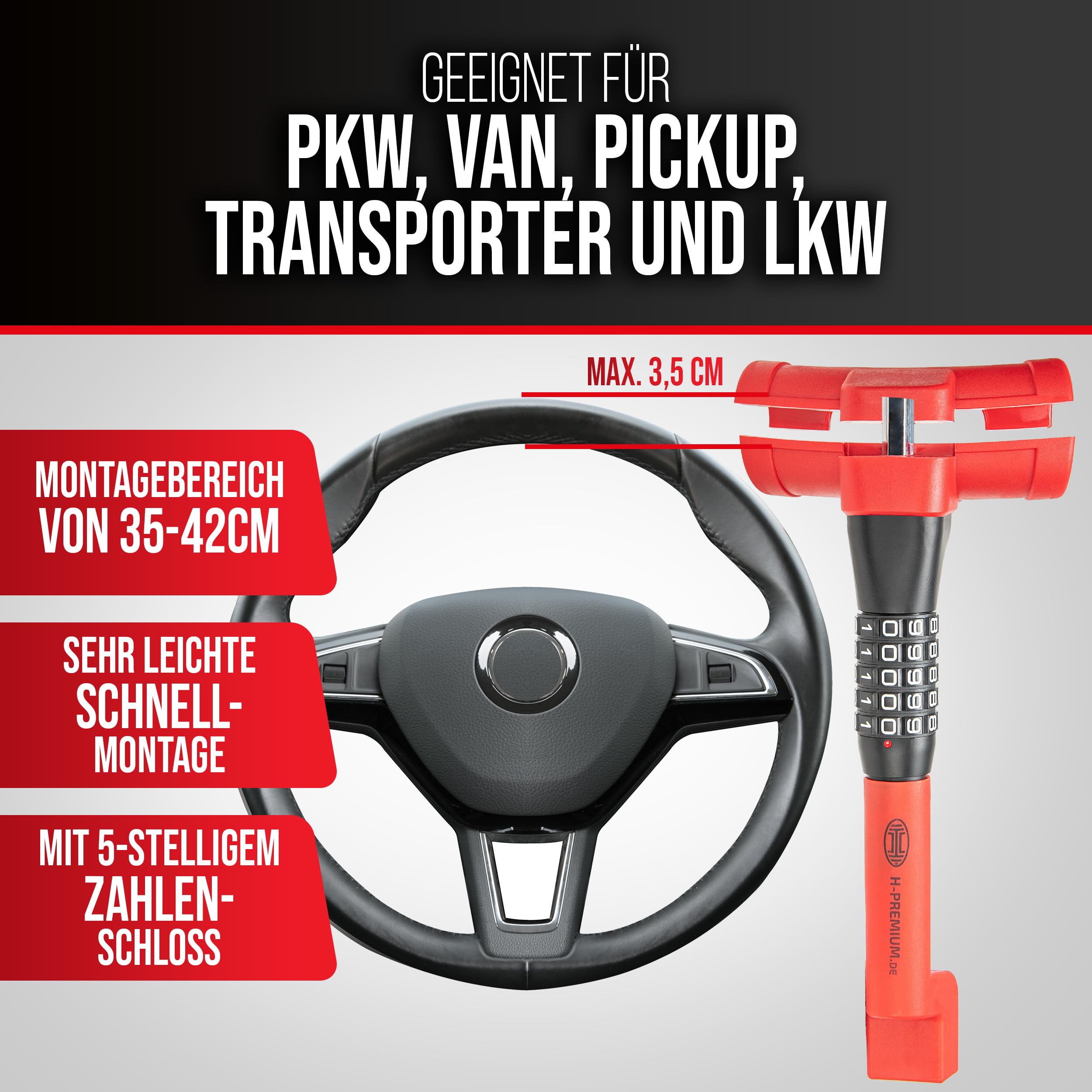 HEYNER Lenkradsperre Auto Diebstahlschutz 5‑stelliges Zahlenschloss verstellbar 35–42 cm rot‑schwarz