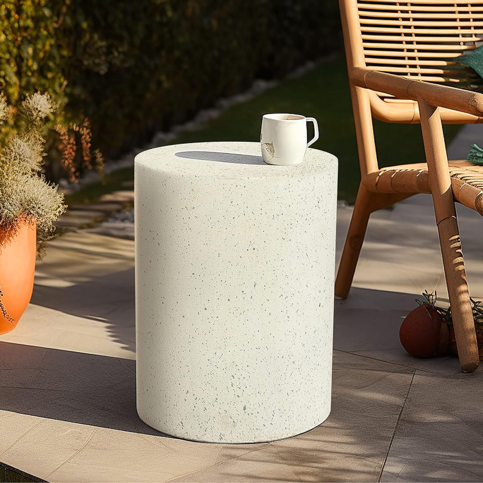 LuxenHome Outdoor Side Table, 18 Inch Cement Outdoor End Tables for Patio, Garden Accent Table, Modern Small Round Side Tables for Outside, Tree Stump