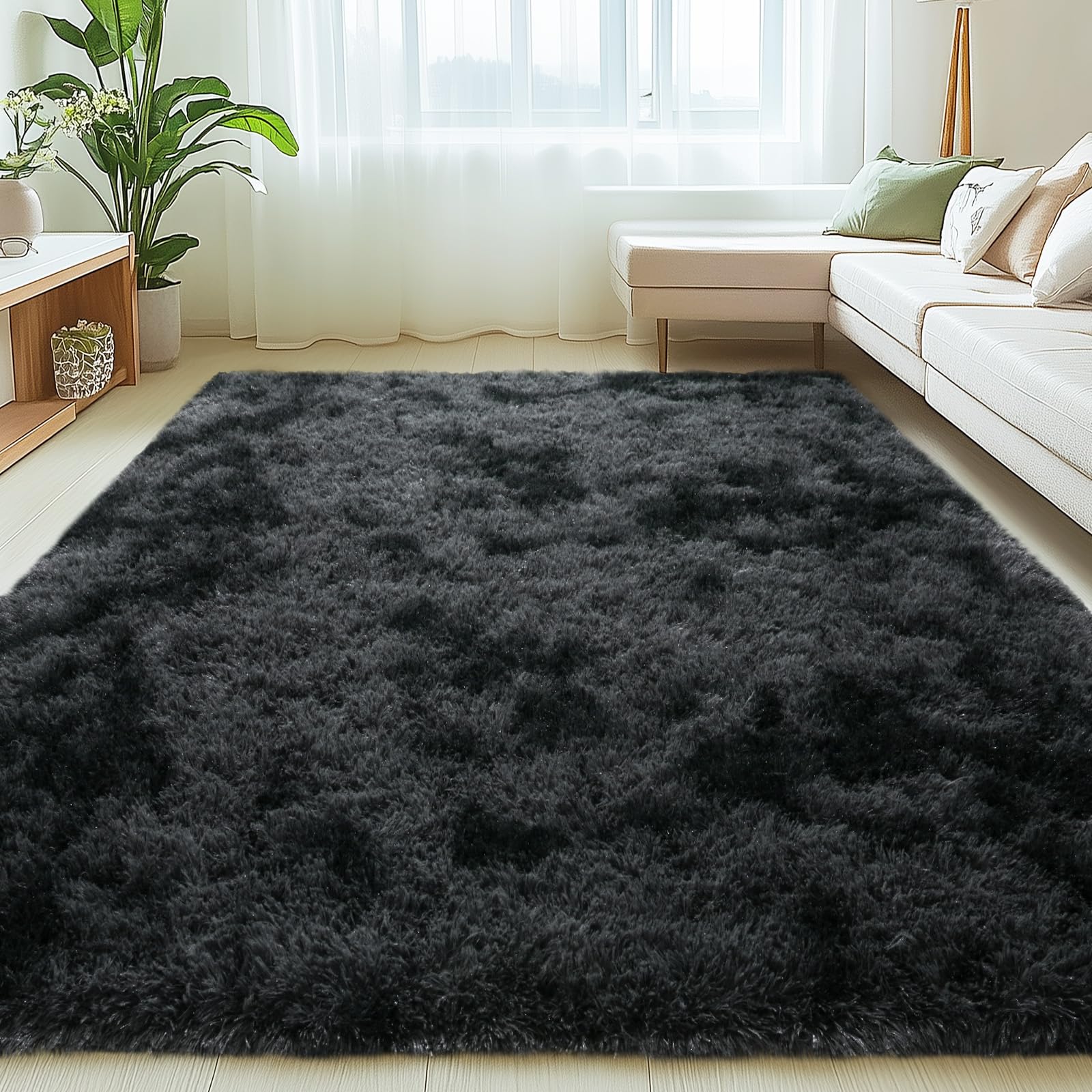 Mugorn 6x9 Rugs for Living Room, Large Fluffy Area Rugs for Bedroom, Soft Carpet Shag Kids Room Rug, Non-Slip Fuzzy Rugs Indoor (Black Grey Tie-Dyed,