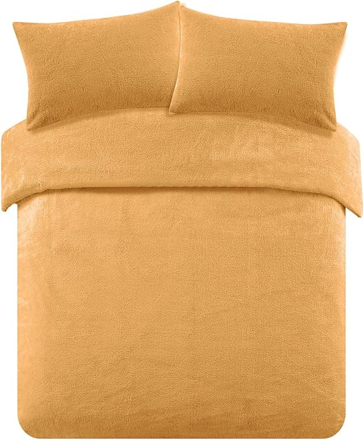 Brentfords Teddy Fleece Duvet Cover with Pillow Case Thermal Fluffy Warm Soft Bedding Set, Ochre Yellow Mustard - King