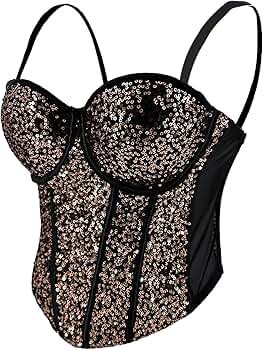 ELLACCI Women's Sexy Sequin Sheer Mesh Bustier Corset Tops