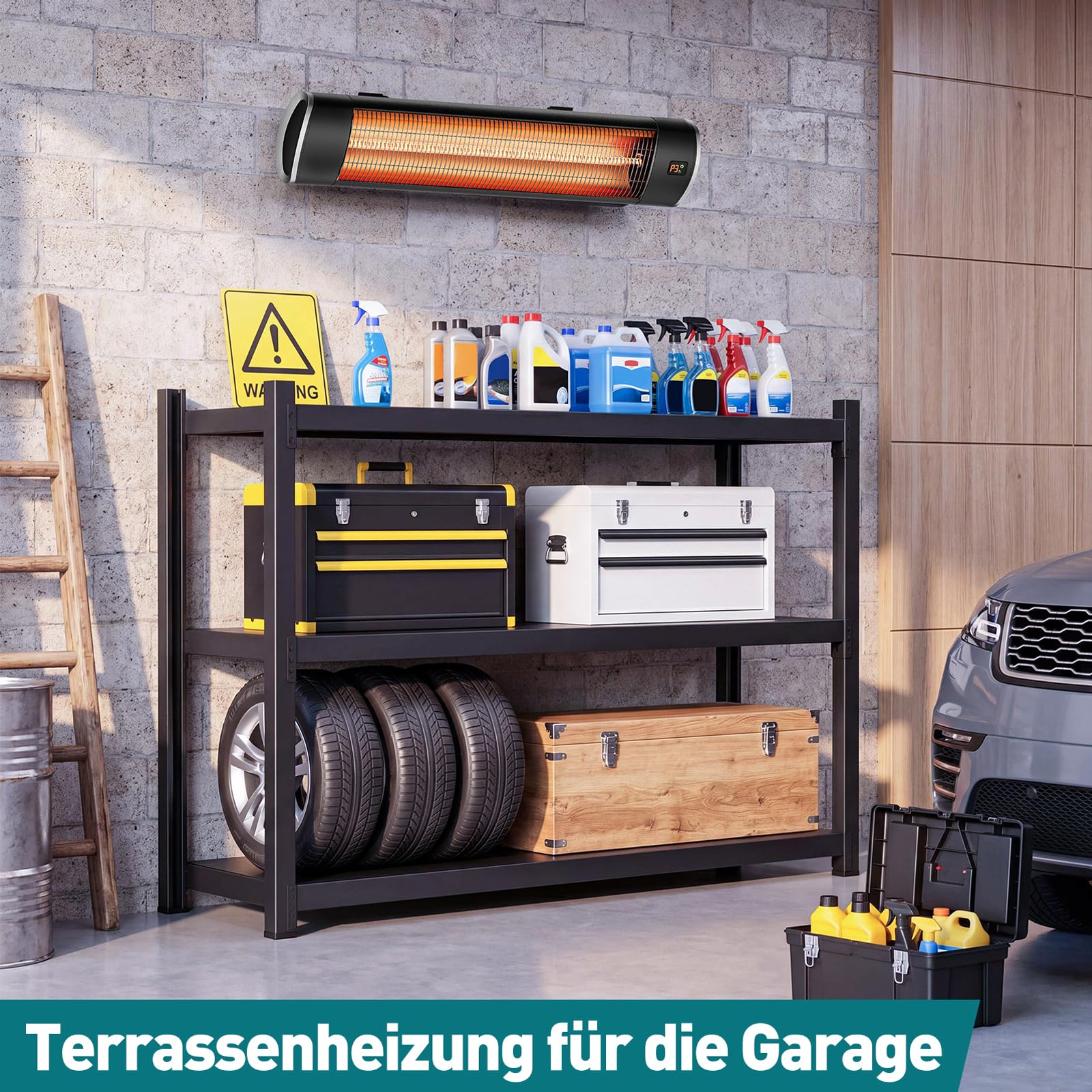 2500W Heizstrahler Terrasse, Infrarot-Heizstrahler mit Fernbedienung, IP65 Wasserdicht, für Garten, Restaurant, Garage und Pavillon, Schwarz