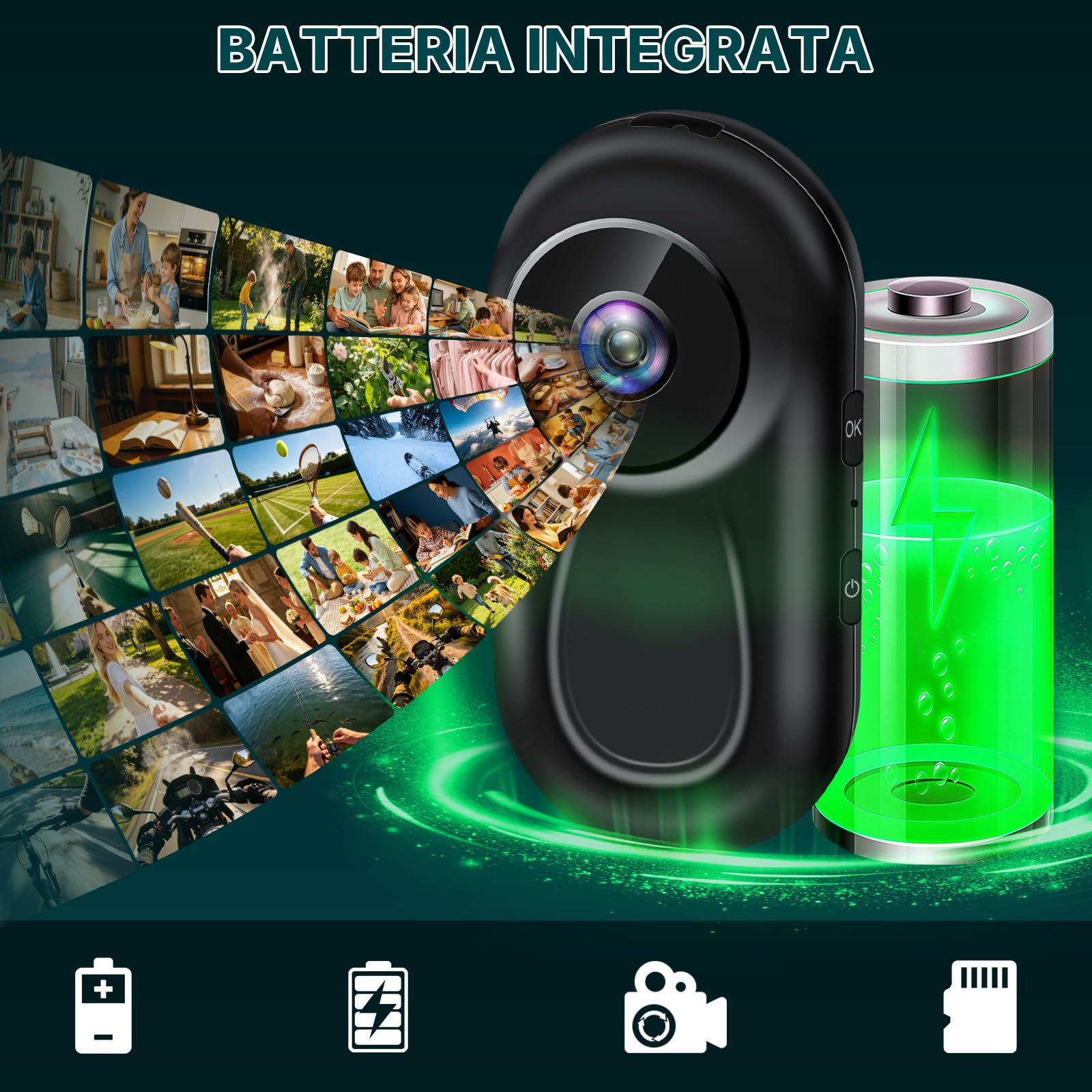 Action Camera Wi-Fi 2K, Mini Action Cam, Action Camera Tascabile | Action Camera da Casco con Attacco Magnetico e Display da 0,85 Pollici per Casco e Bicicletta, WiFi, Nera