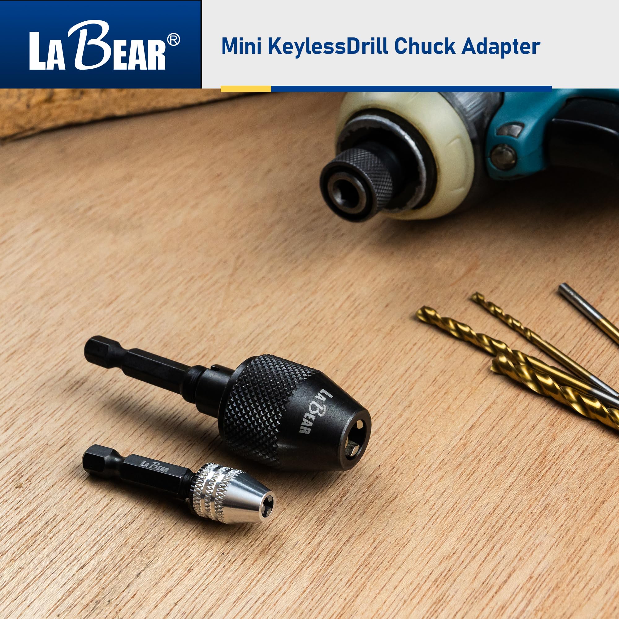 LABEAR Mini adaptador de portabrocas de 3 mandíbulas sin llave con vástago hexagonal de cambio rápido de 1/4 pulgadas para sostener brocas de aleación de aluminio de 0.3 a 6.5 mm negras
