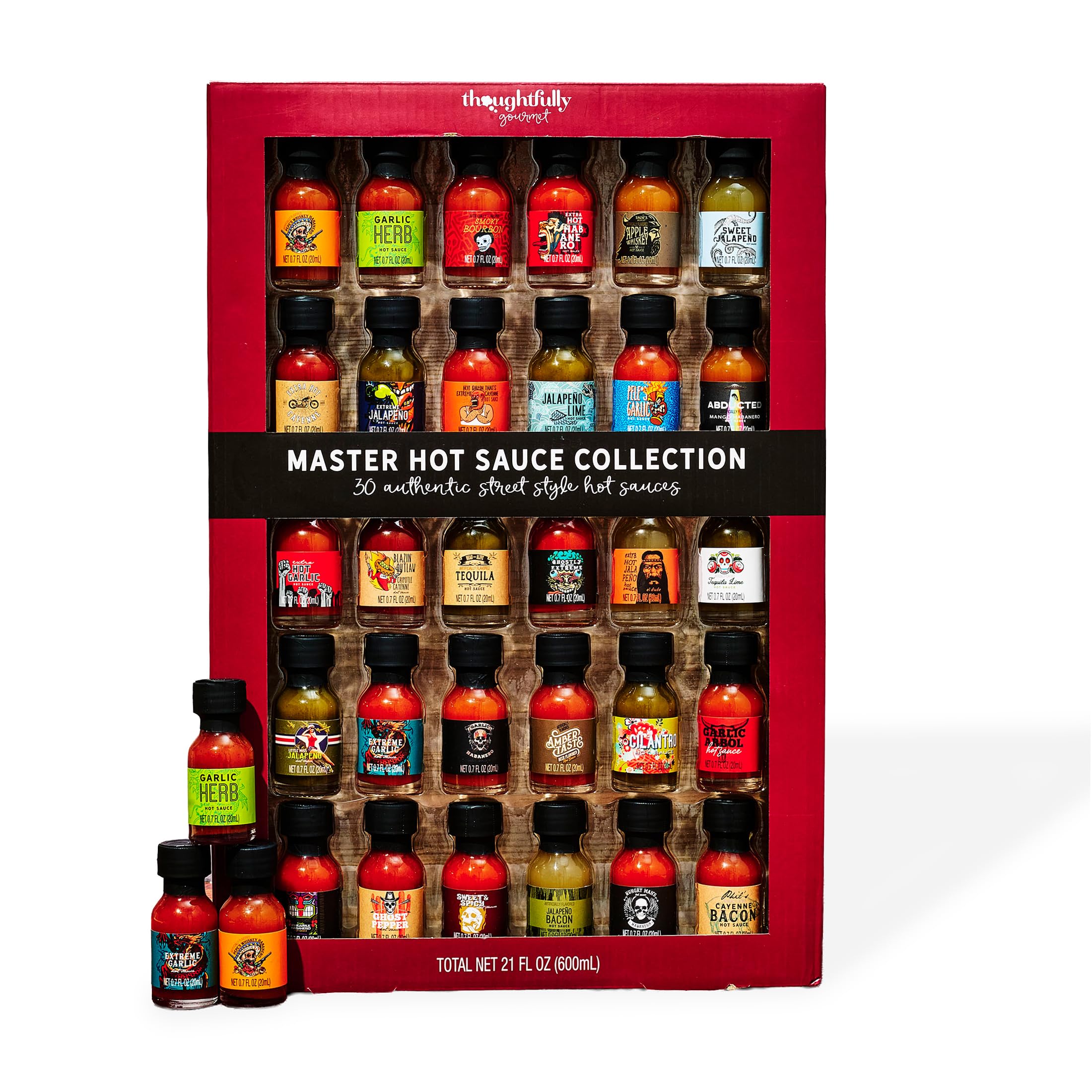 Thoughtfully Gifts, Set de Regalo Muestrario de Salsas Picantes "Sabores del Mundo", Inspirado en Sabores de Salsas de Chile Internacionales, Set de 30