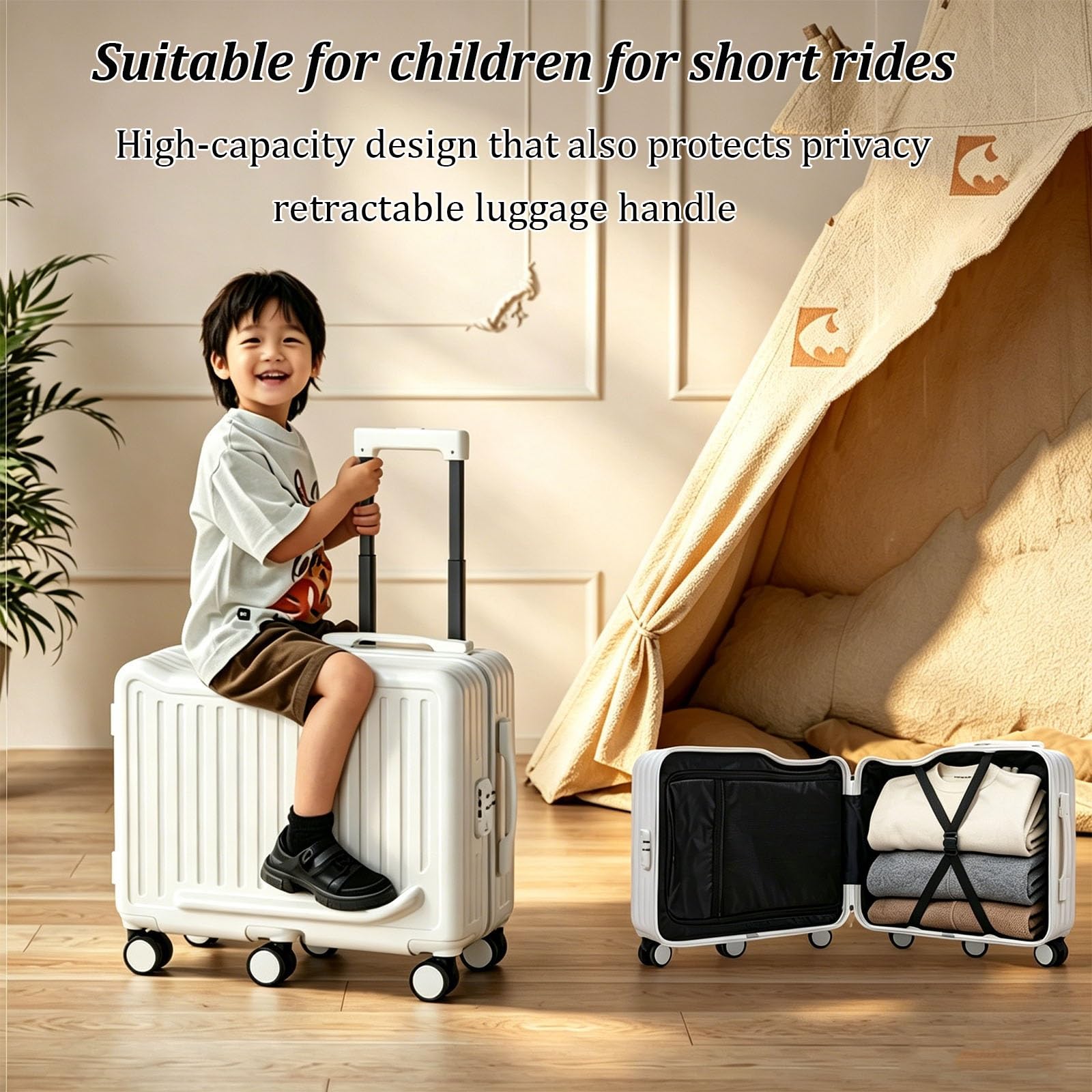 Aufsitzkoffer für Kinder – Reisegepäck mit Sitzfläche, verstecktem Getränkehalter und Fußstützen – Ideal für Ausflüge und Reisen(White,S)