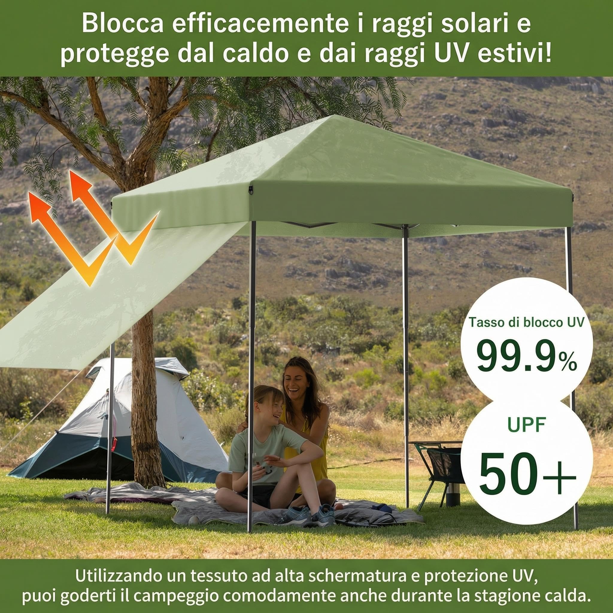 Garvee Tende Pieghevole 2,2x2,2m, Montaggio Facile, Impermeabile, Protezione UV, Altezza Regolabile, con Borsa, Sacchetti di Sabbia, Perfetto per Terrazza, Campeggio, Eventi, Verde Chiaro