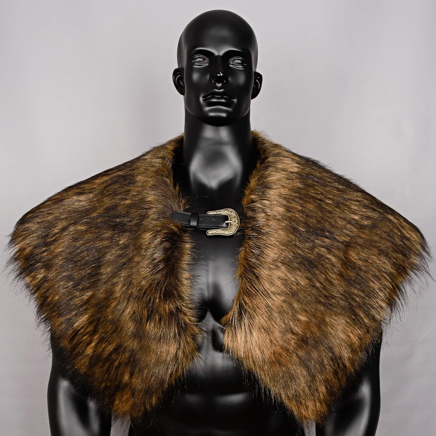 L'VOW Men Viking Fur Shawl Medieval Faux Fur Mantle Shoulder Wrap Collar Warrior Renaissance LARP Cosplay Costume - Image 9