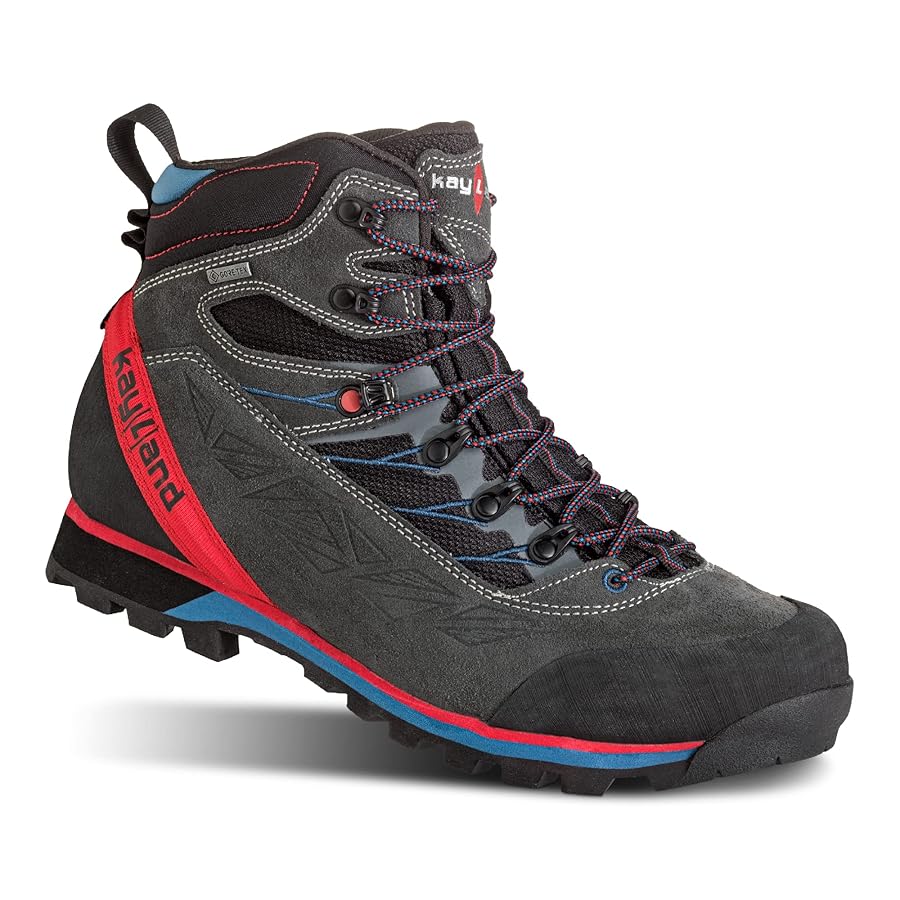 Kayland hiking boots on mountain trail with rocky terrain