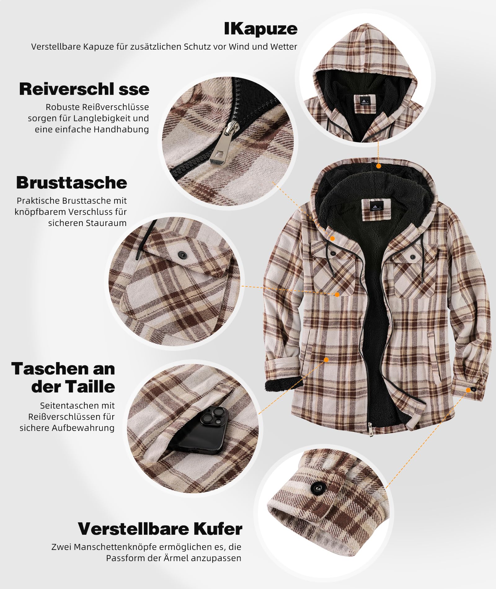JACKETOWN Herren Fleecejacke Flanell Hemdjacke mit Kapuze Übergangsjacke Warm Gefüttert Kariertes Holzfällerhemd Winterjacke mit Taschen Casual Outdoor Mantel für Herbst Winte