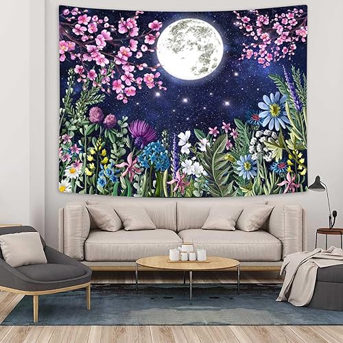 Miniatura 3 de Boziqr Tapiz estético de flores de luna, cielo estrellado, tapiz floral para colgar en la pared para dormitorio, tapiz de paisaje natural,