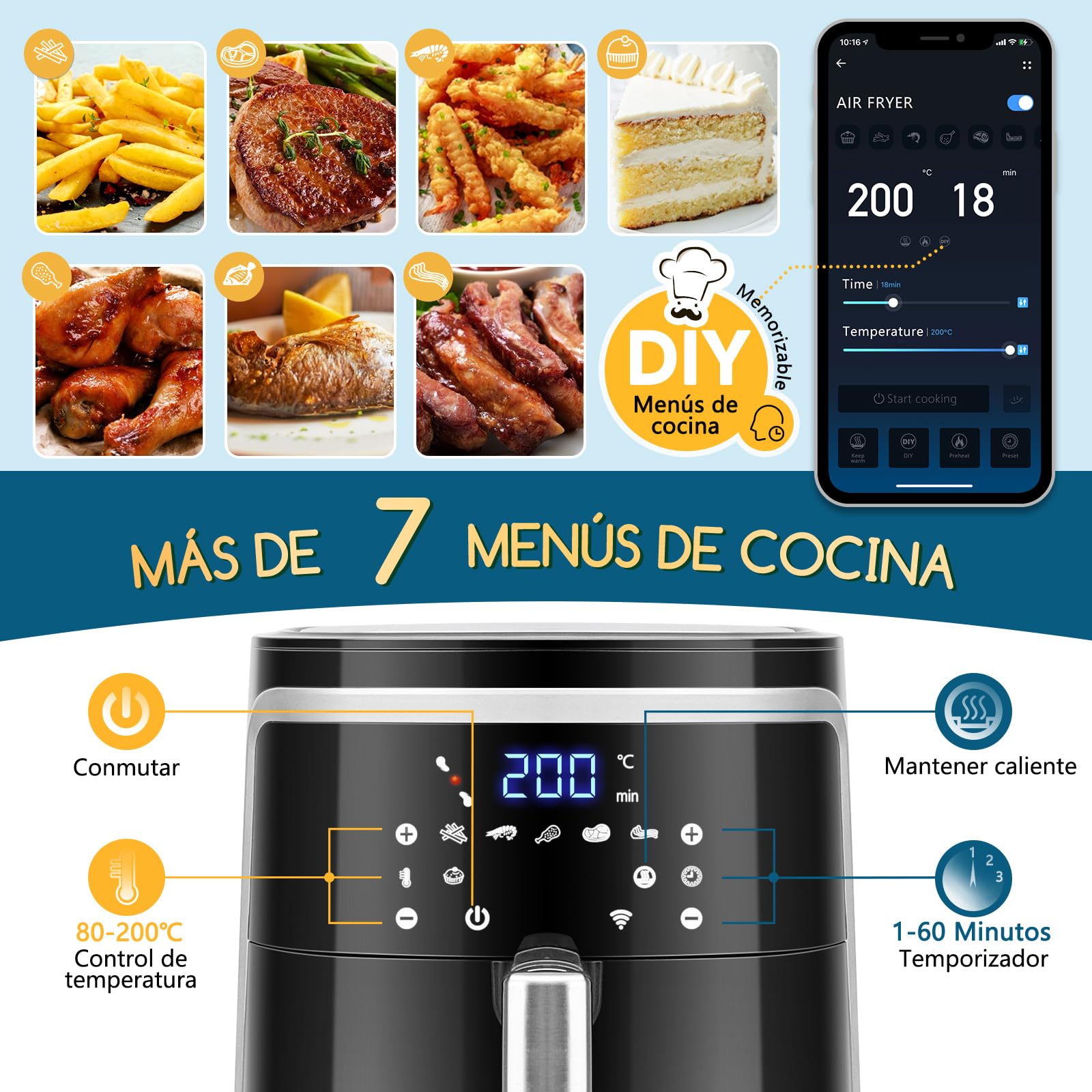 Aigostar Cube Smart - Freidora de aire inteligente sin aceite, Conexión Wifi, 1900W, 7L, Modo manual, Pantalla LED táctil, 7 funciones preestablecidas + mantener caliente y modo manual, Libre de BPA