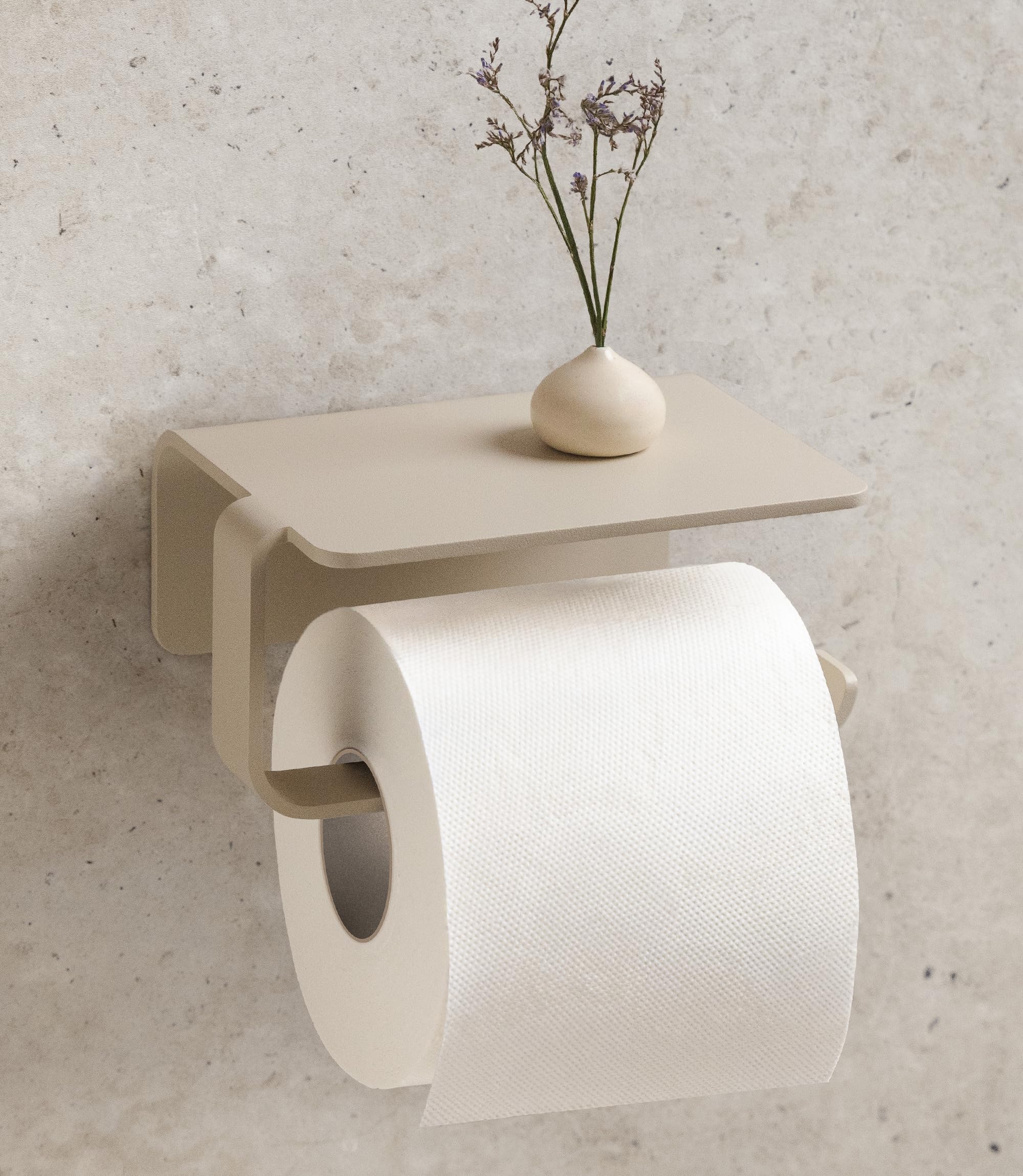 KAZAI. Toilettenpapierhalter ohne Bohren | Klopapierhalter mit Ablage zum Kleben | Klorollenhalter Bad | WC-Papier-Halterung aus Metall | Taupe
