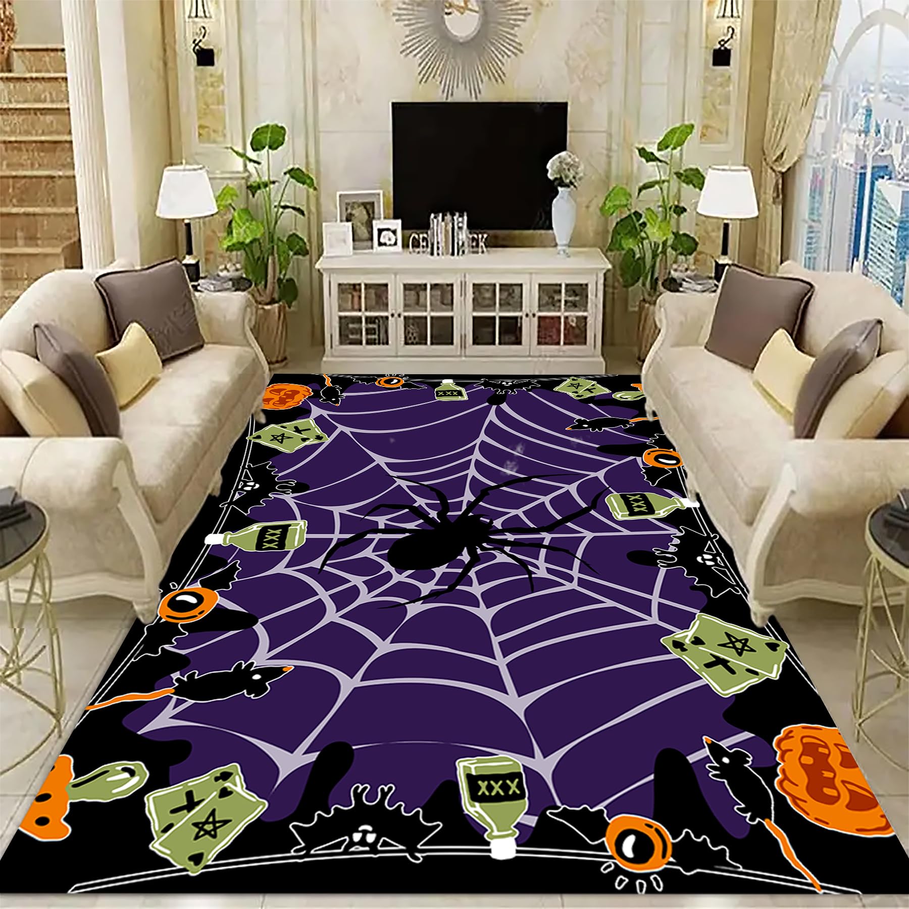 YHUERC Halloween Area Rugs,5x8ft Spider Web Rug,Ouija Board Rug,Poison Bat Eyeball Mouse Pumpkin Head Rugs,Halloween Door Mat,Machine-Washable,