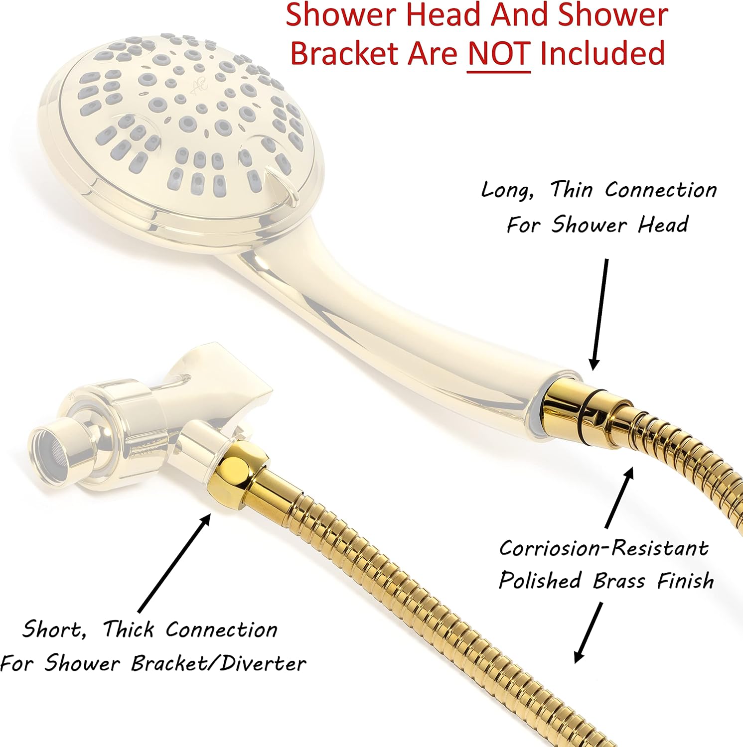 Aqua Elegante 60 Inch Flexible Shower Hose - Extra Long, Stainless Steel, Anti-Kink, Universal Replacement Tube For Handheld Showerheads - Polished Brass