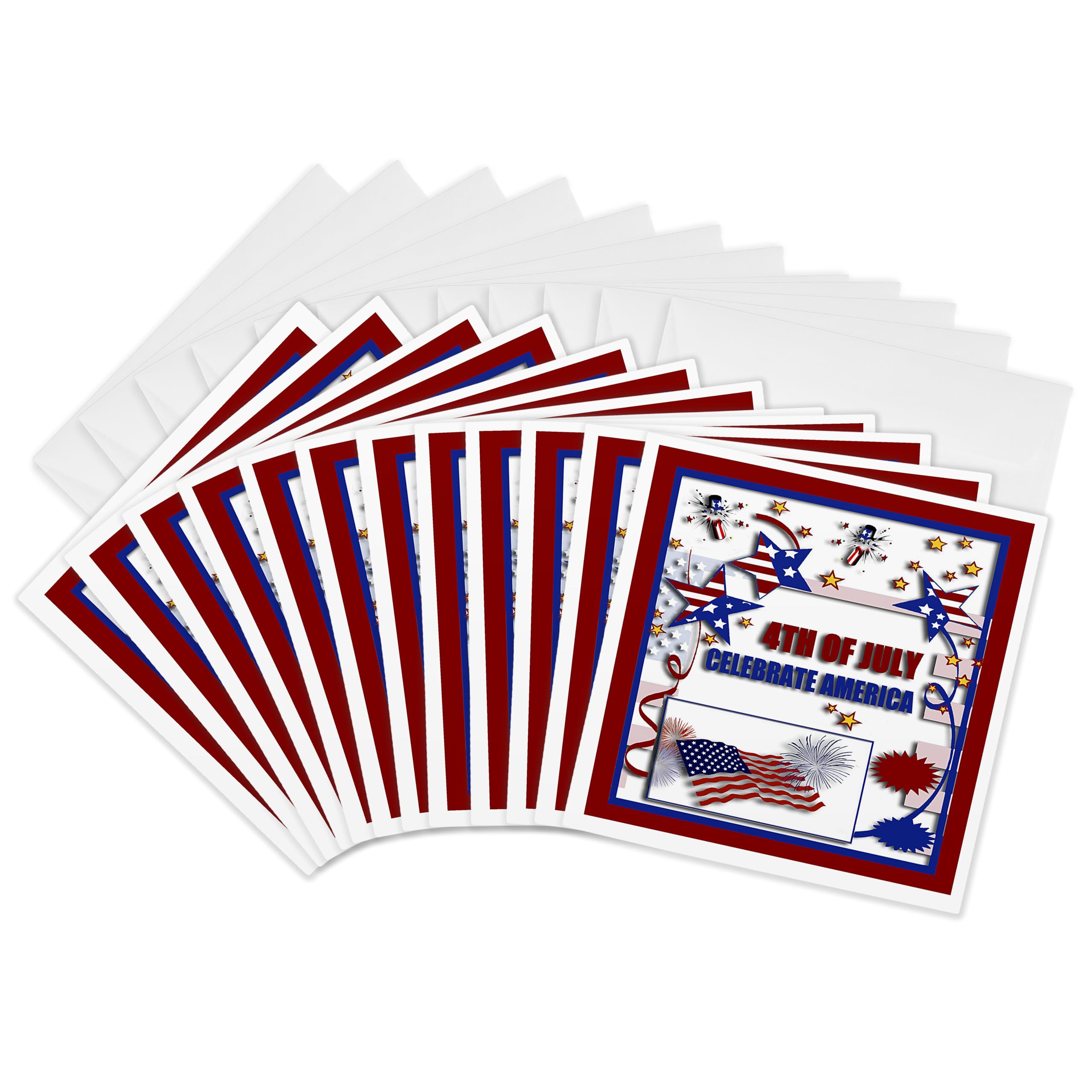 3dRose gc_20170_2 6 x 6-Inch "4Th of July Celebrate America Flag Stars and Firecrackers" Greeting Card (Pack of 12)