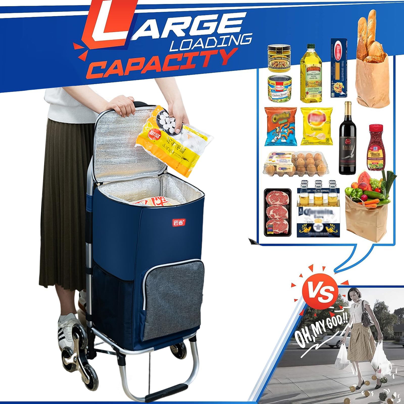 Aluminium Einkaufstrolley Treppensteiger,mit Kühlfach, 2in1 Einkaufstrolley klappbar abnehmbare Tasche 6 Rollen Treppensteiger Einkaufswagen Einkaufshilfe Trolley, Wasserdicht (Black)