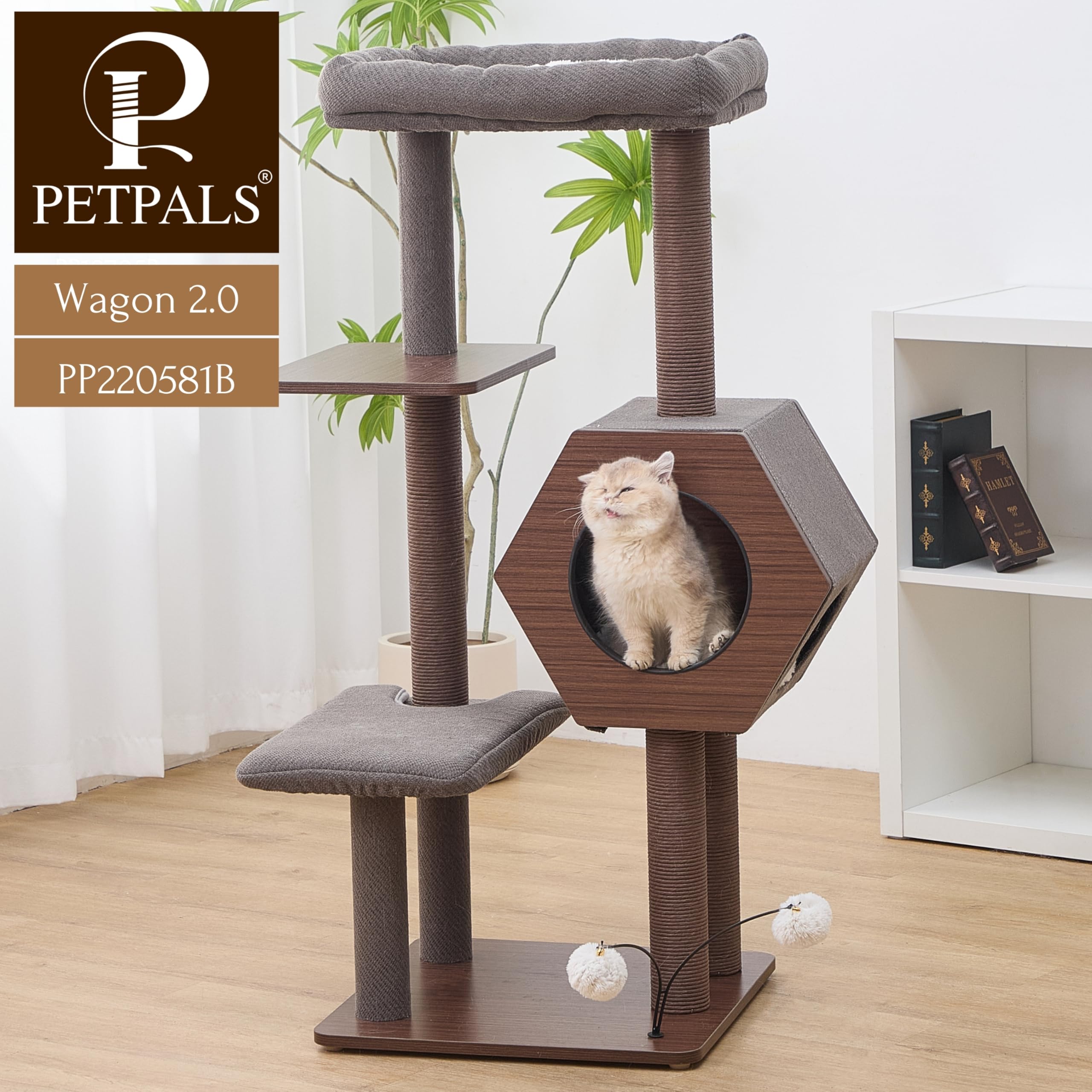 PetPals 5-Level 46.4” Mid-Century Modern Cat Tree with Hexagon Condo, Replaceable Recycled Paper Rope Scratchers, Washable Bed&Toys, Quick Assembly, Ideal for Medium Cats,Dark Brown - image 8