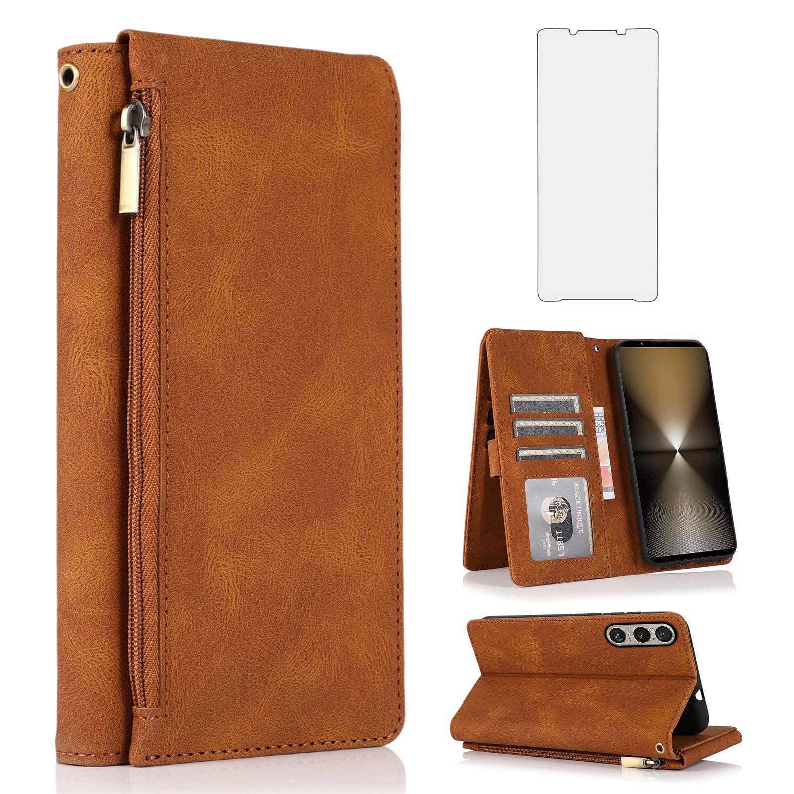 Compatible with Sony Xperia 1 VI (2024) Wallet Case Tempered Glass Screen Protector and Zipper Retro Leather Flip Cover Card Holder Stand Cell Accessories for 1VI 5G XQ-EC44 XQ-EC54 Women Men Brown