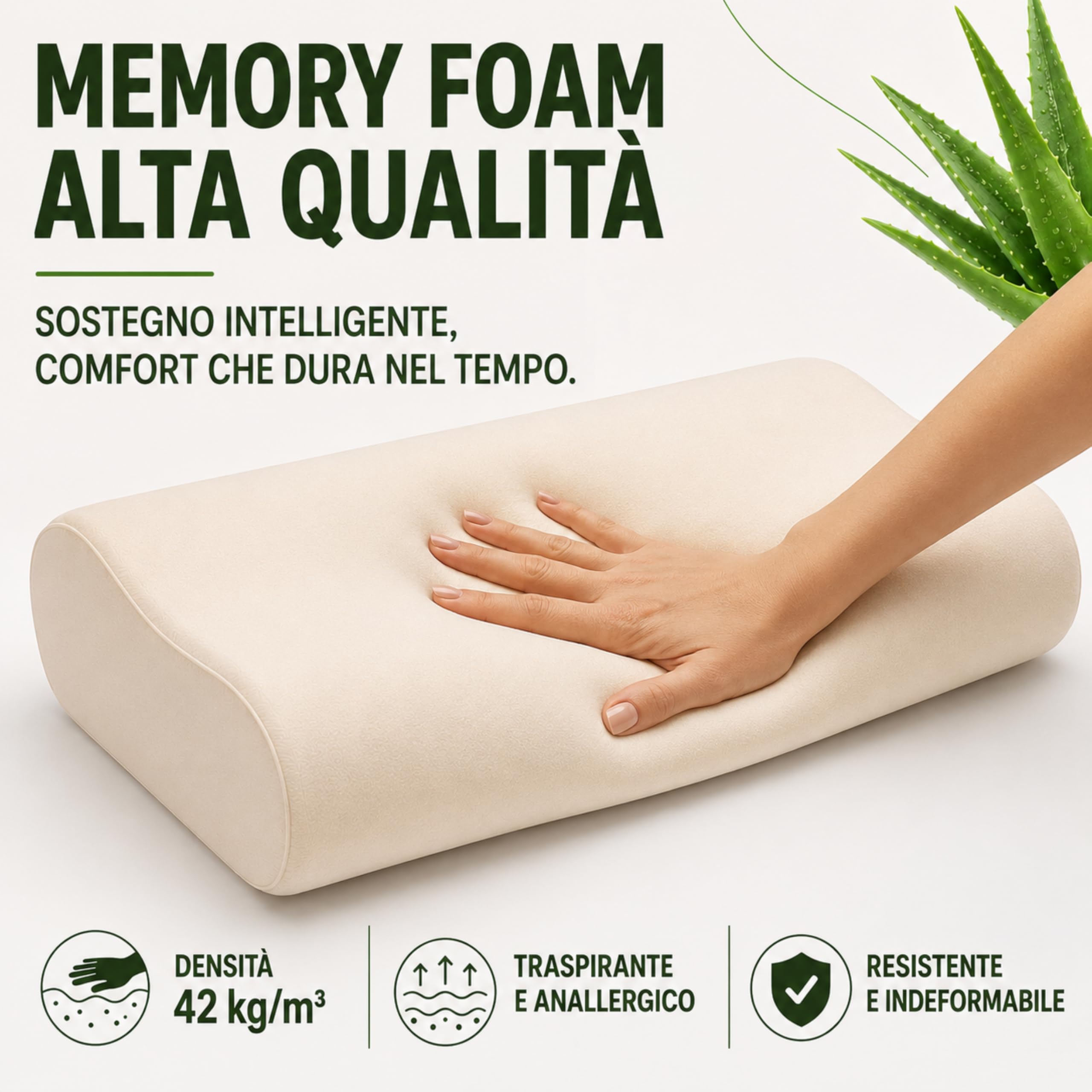 The Double Twenty Cuscino Cervicale per Dormire a Doppia Onda Elevato Supporto Collo - Guanciale Memory Foam Federa Lavabile in Aloe Vera - Cuscino Memory Foam Made in Italy Certificato Oeko Tex