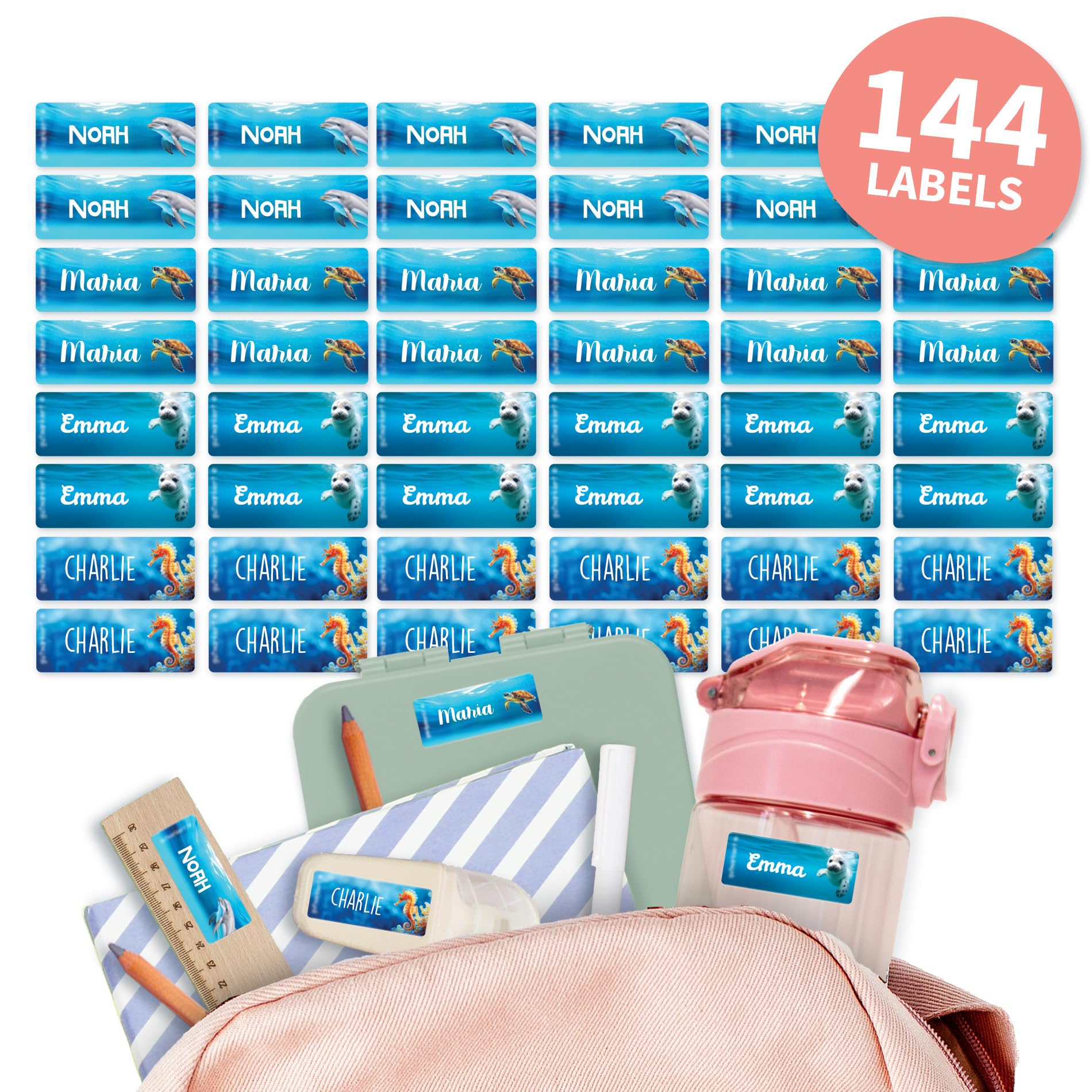 Easy2Name Name Stickers for Children – Personalisable Name Labels with Name & Real World Motifs – Waterproof and Durable – Ideal for School & Nursery – Wildlife (Sealife, 144)