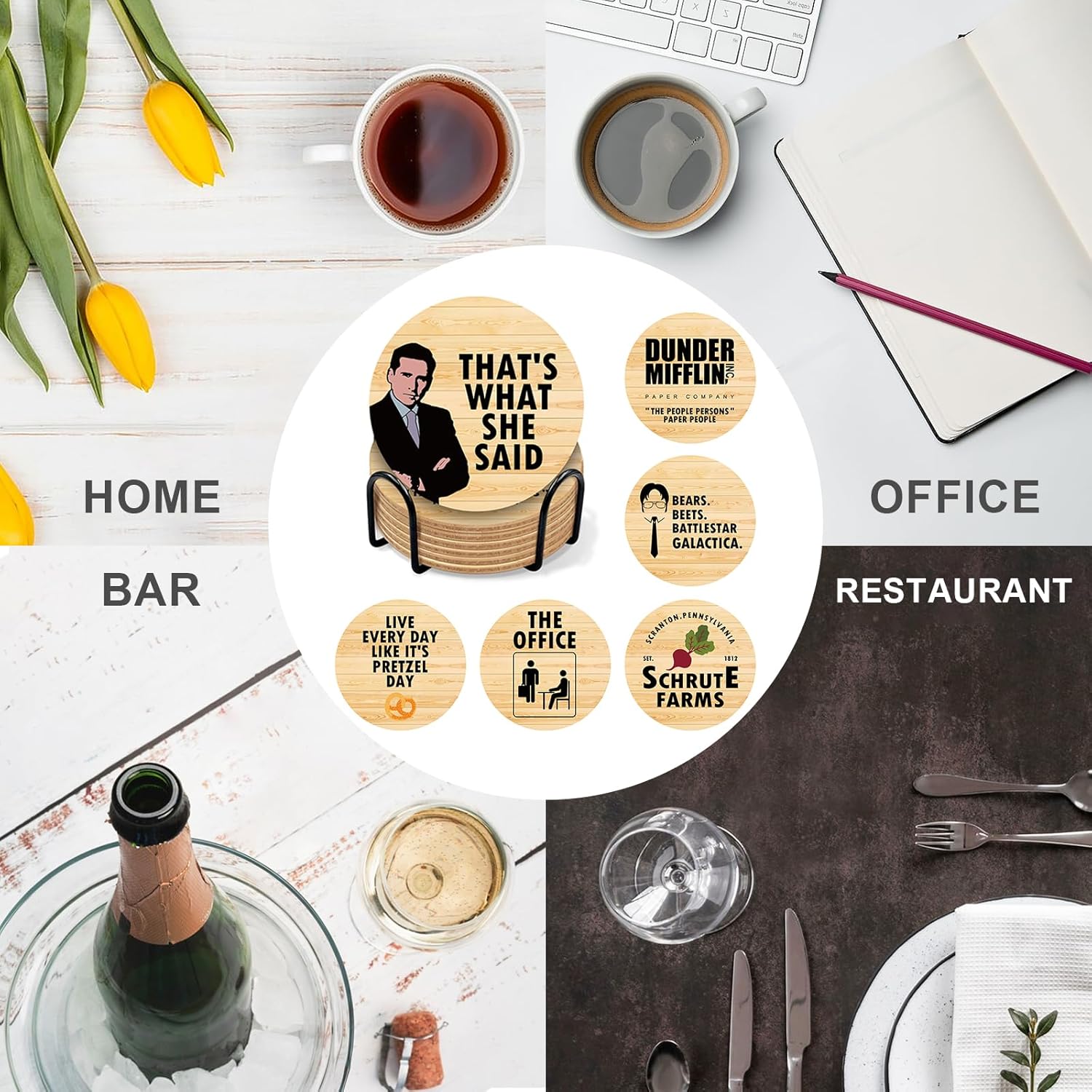 The Office TV Show Themed Merchandise for Fans, Funny Drink Coasters with Coaster Holder Set of 6, The Office Gifts for Fans, Bar Cork Coasters for Drinks Coffee Desk Table - Image 6