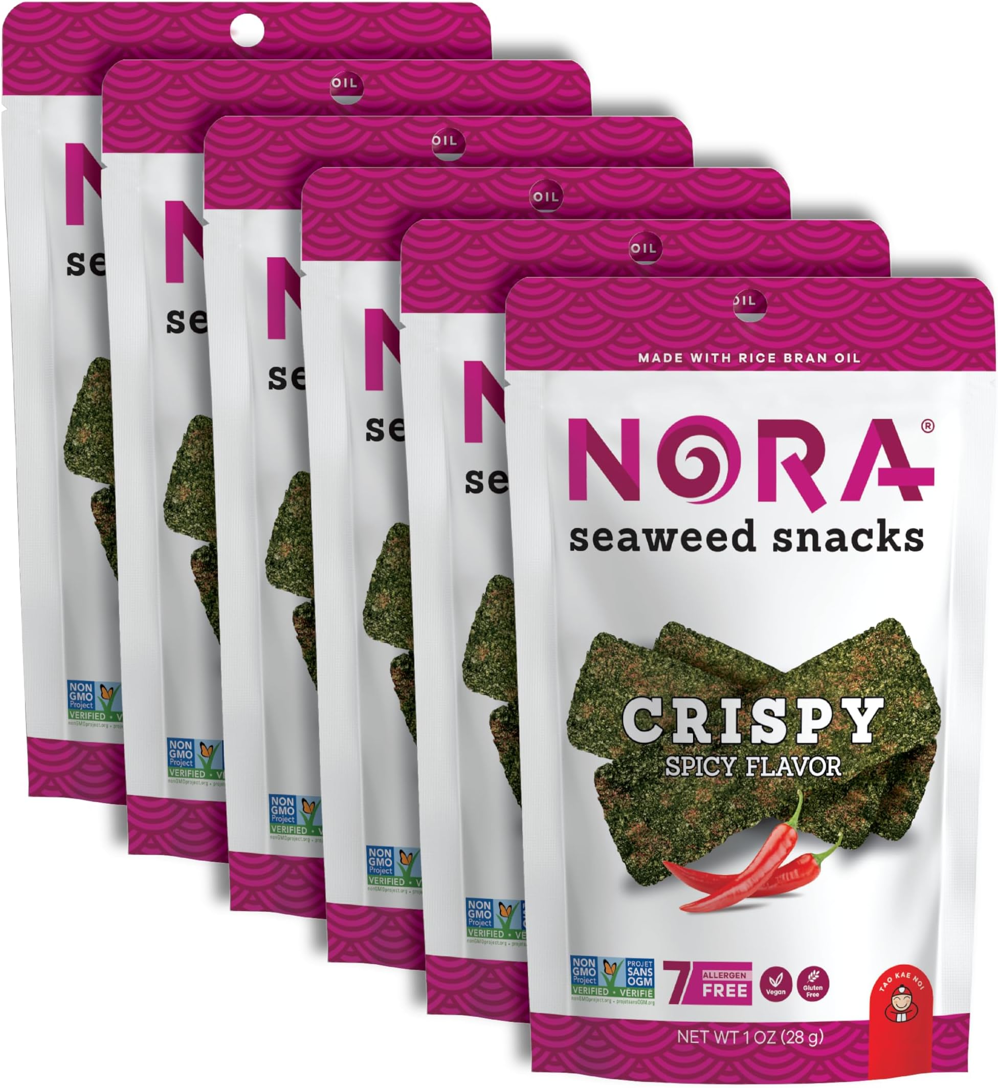 Crispy Spicy Seaweed Snacks by Nora, Thick Nori Sheets Snack Strips, Low-Carb Healthy Snacks for Adults, Asian Snacks, Vegan, Gluten-Free, Non-GMO, 6-Pack