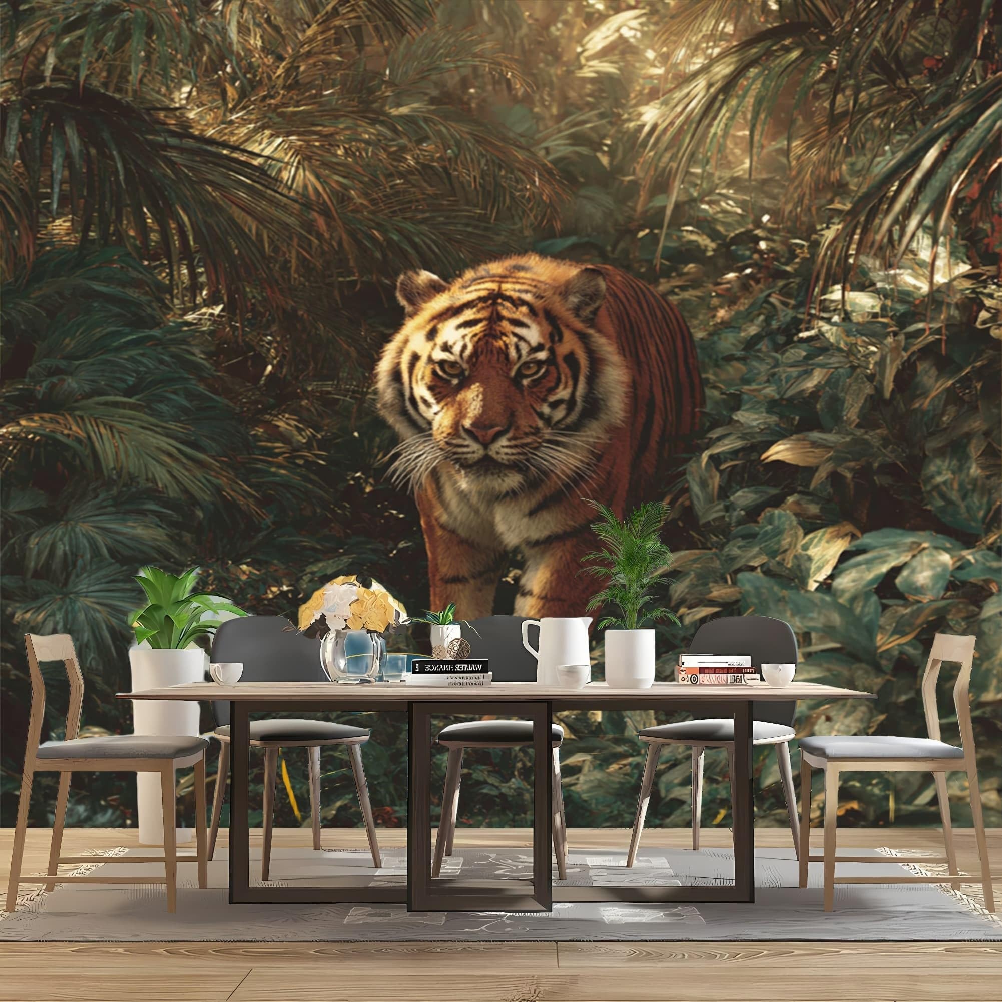 Carta Da Parati Fotografica Bambini 250x175 cm Tigre Della Giungla Tropicale Carta da Parati Panoramica Fotomurali in TNT Murale Verde Poster Gigante Design per Camera Ragazzo Ragazza
