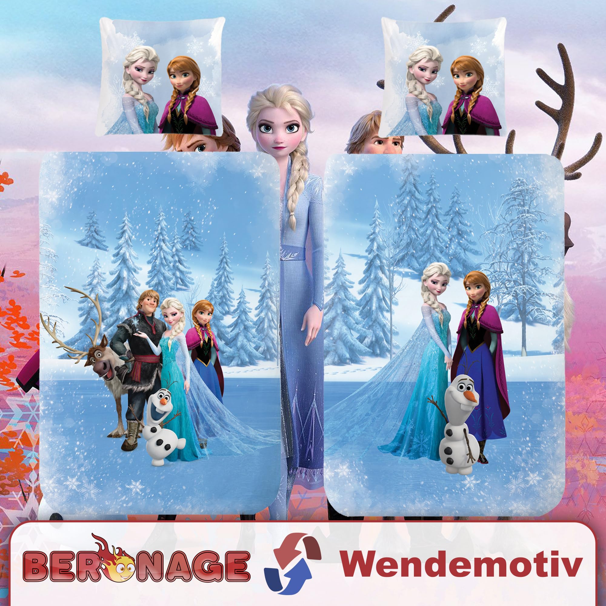 Frozen Die Eiskönigin Kinder-Bettwäsche Sven 135 x 200 + 80 x 80 cm 100% Baumwolle Biber-Flanell-Qualität Arendelle Sven Kristoff Disney Olaf ELSA Anna mit Reißverschluss Deutsche Größe