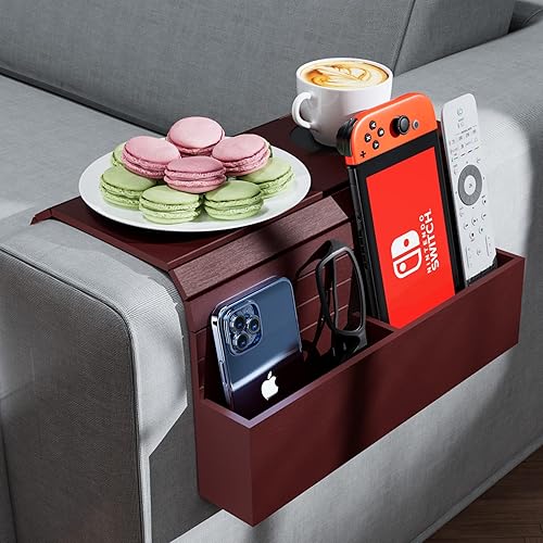 Semounva Bandeja de brazo de bambú para sofá con bolsillos bandeja plegable para aperitivos bebidas teléfono control remoto de TV sofá flexible