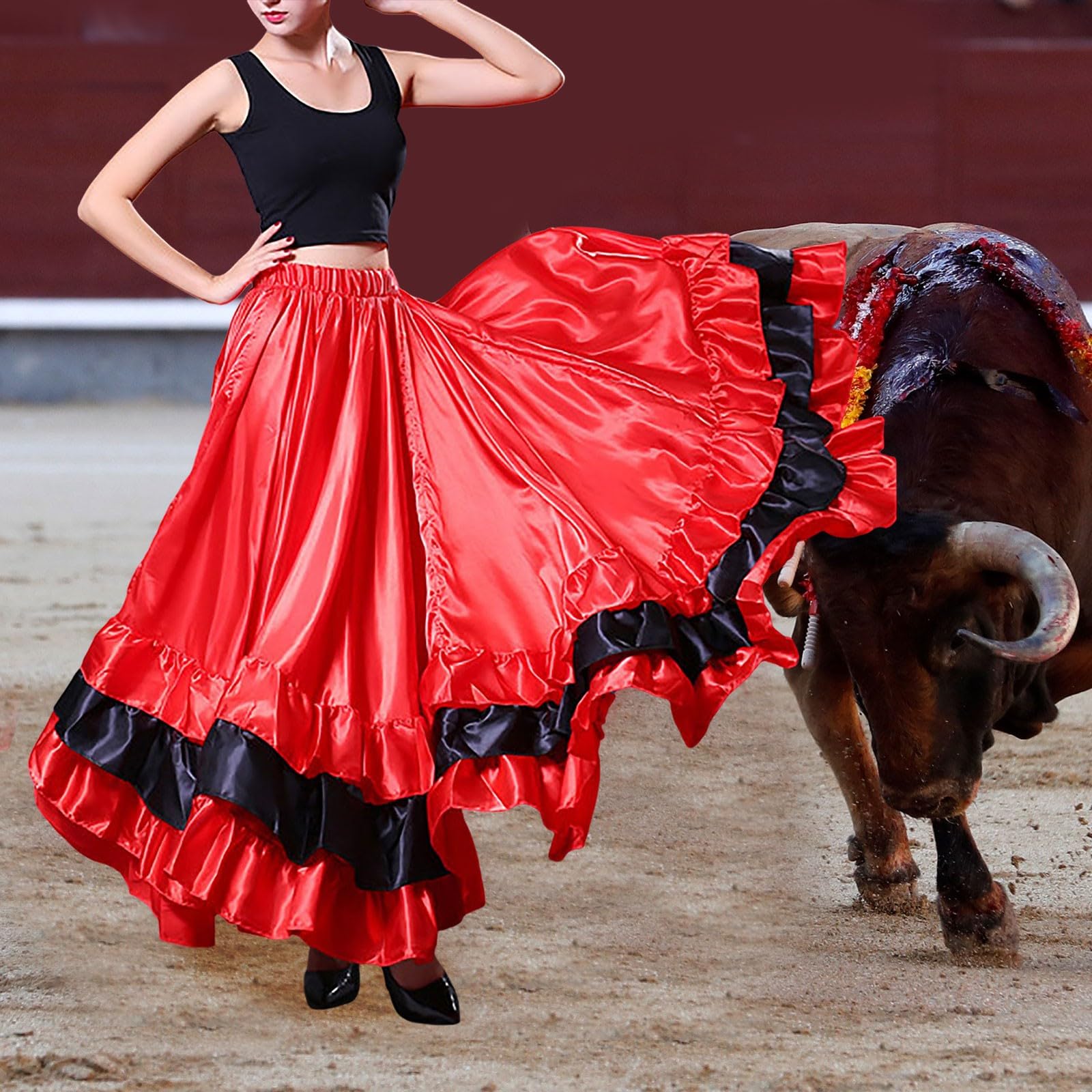 Donna Gonna da Danza del Ventre Gonna Lunga e Ampia Grande Altalena Gonna Lunga da Danza del Spagnola Rosso Maxi Gonna Costume da Festival Gonne Danza Classica Tango Moderno da Ballo