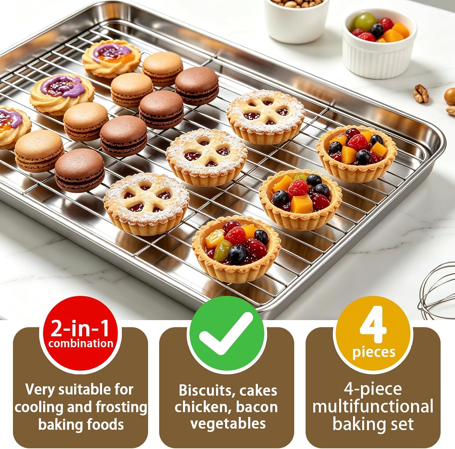 Stainless Steel Baking Sheet with Rack, 16 x 12 Inch Cookie Sheet, 2 Pack