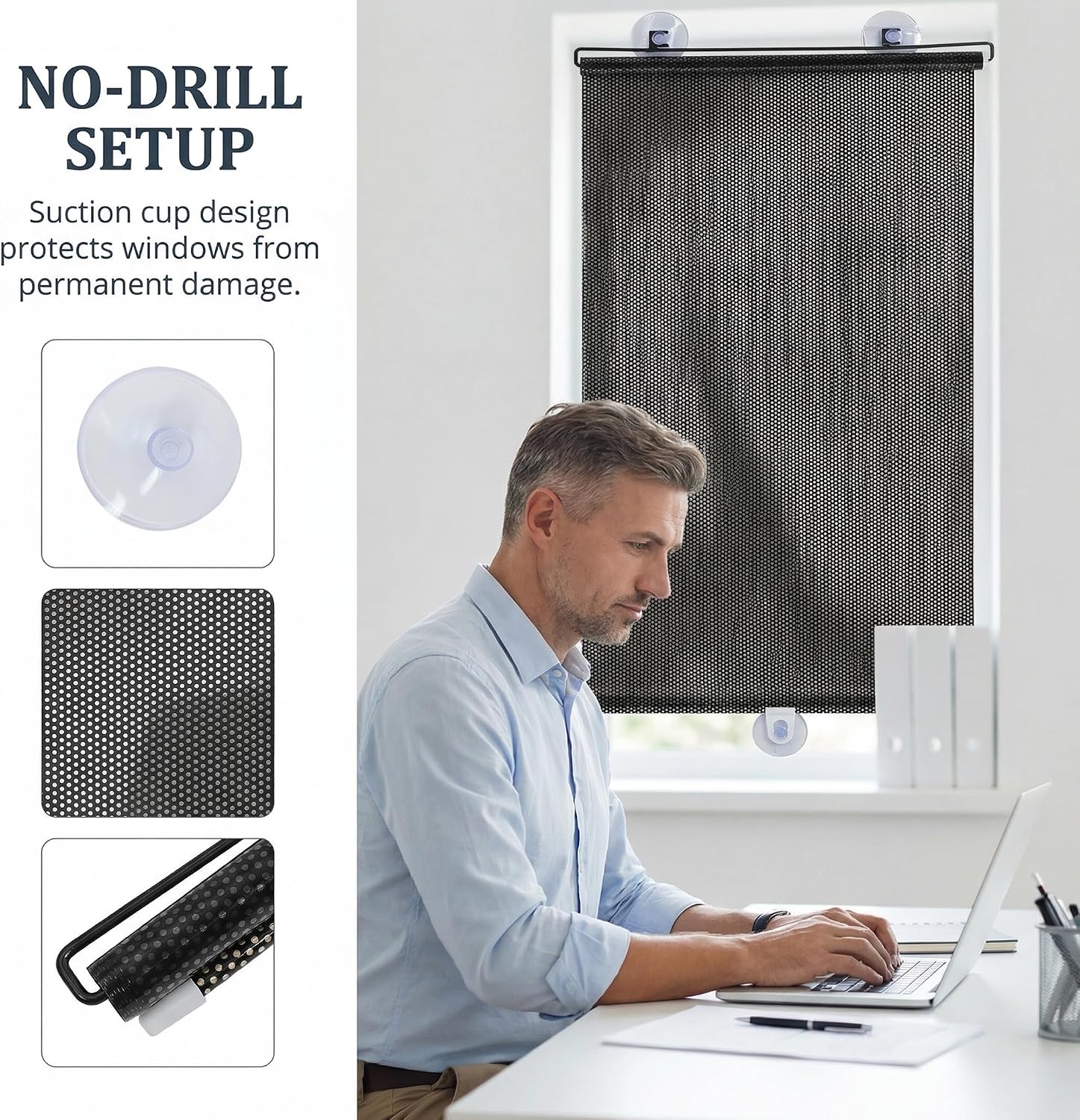 Toyvian No Drill Light Filtering Blinds, Blackout Blind Curtains with Suction Cups - PVC Plastic Film Material - Temporary Portable Roller Shades for Home Office Car (Black)