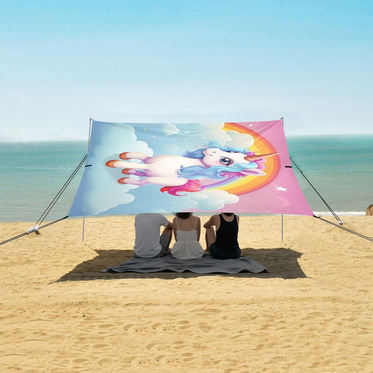 ALAZA Unicorn Rainbow Beach Tent Sun Shelter UPF50+ Protection Beach Shade Canopy w/ 4 Sandbags for Outdoor Camping, Fishing, Backyard Fun, Picnic, 10x9 ft